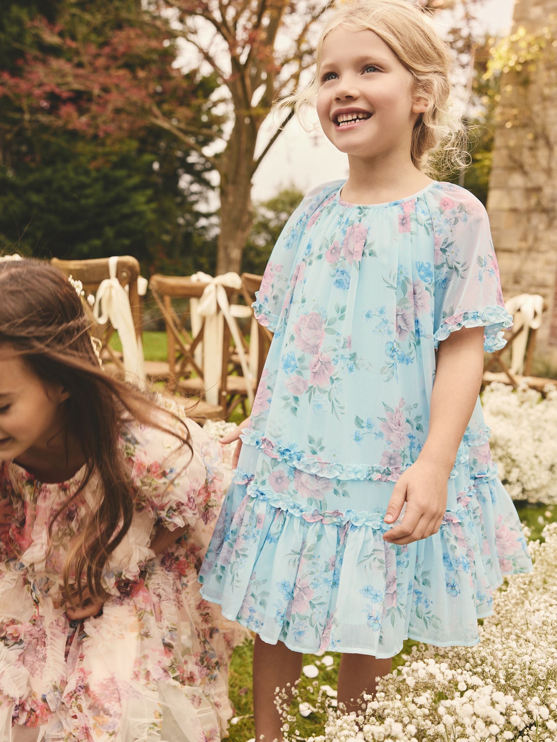 Blue Floral Angel Sleeve Chiffon Dress (3-16yrs)