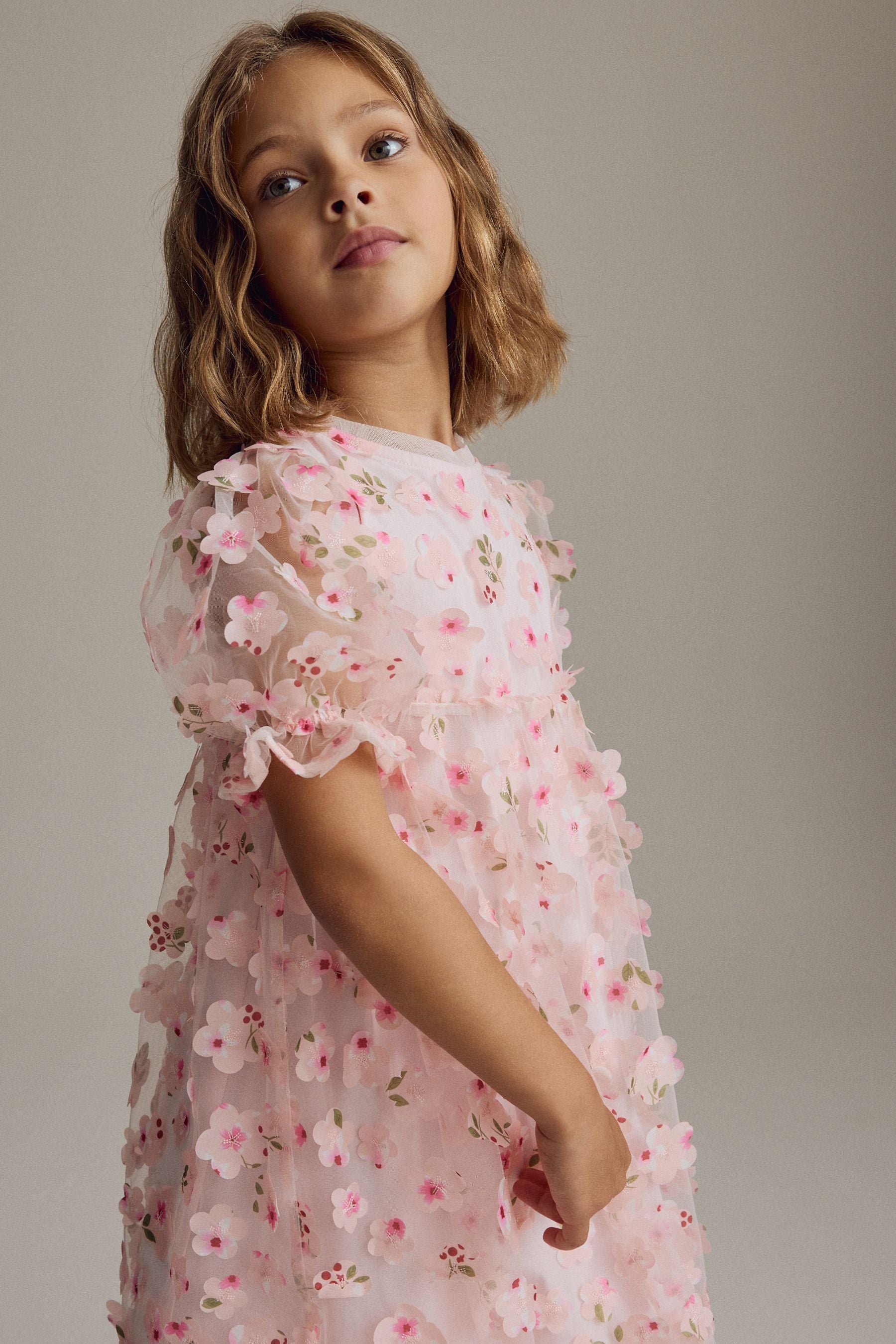 Pink Printed Mesh Flower Party Dress (3-16yrs)