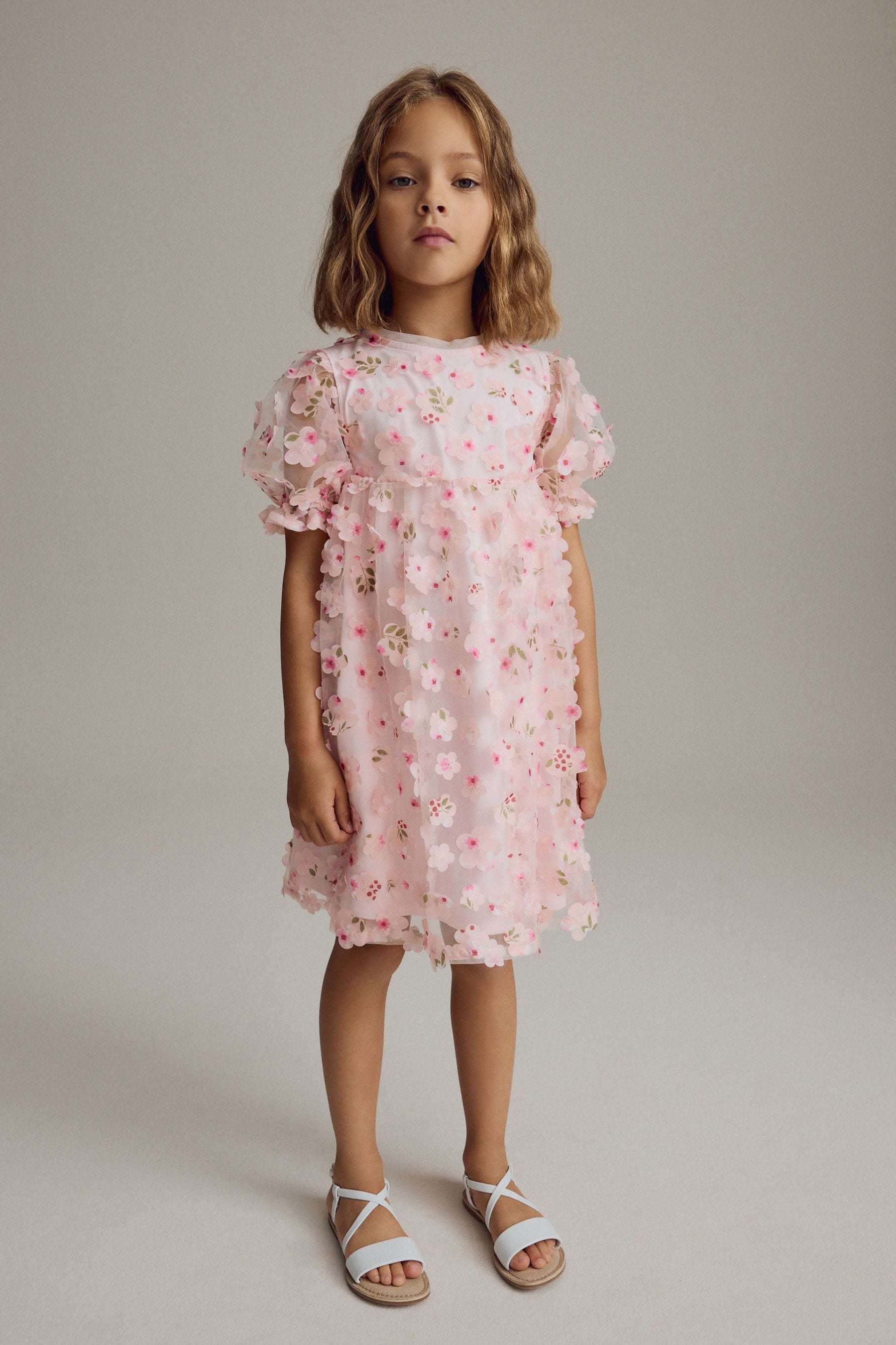 Pink Printed Mesh Flower Party Dress (3-16yrs)