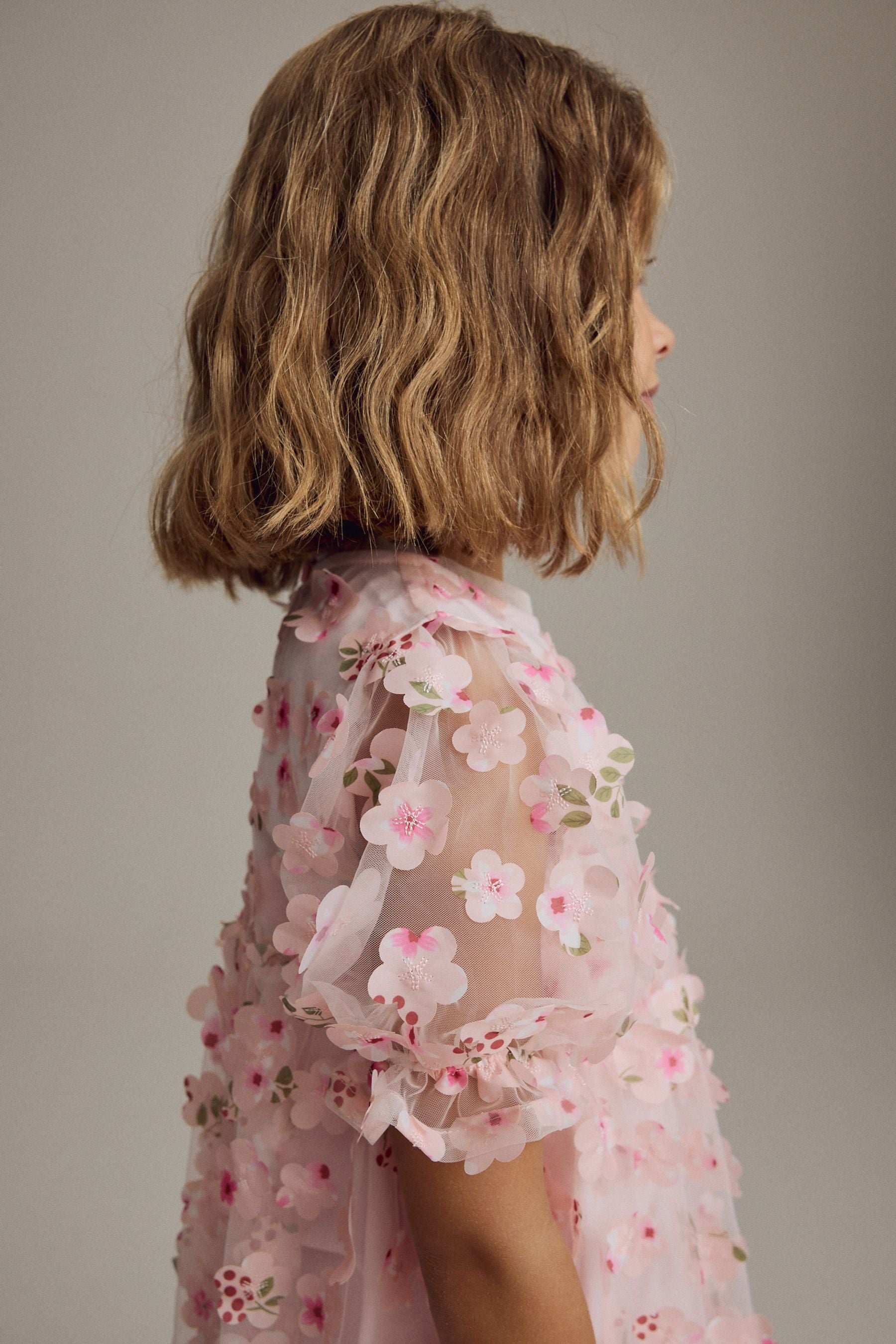 Pink Printed Mesh Flower Party Dress (3-16yrs)