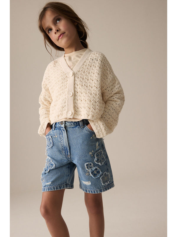 Ecru Crochet V-Neck 100% Cotton Cardigan (3-16yrs)