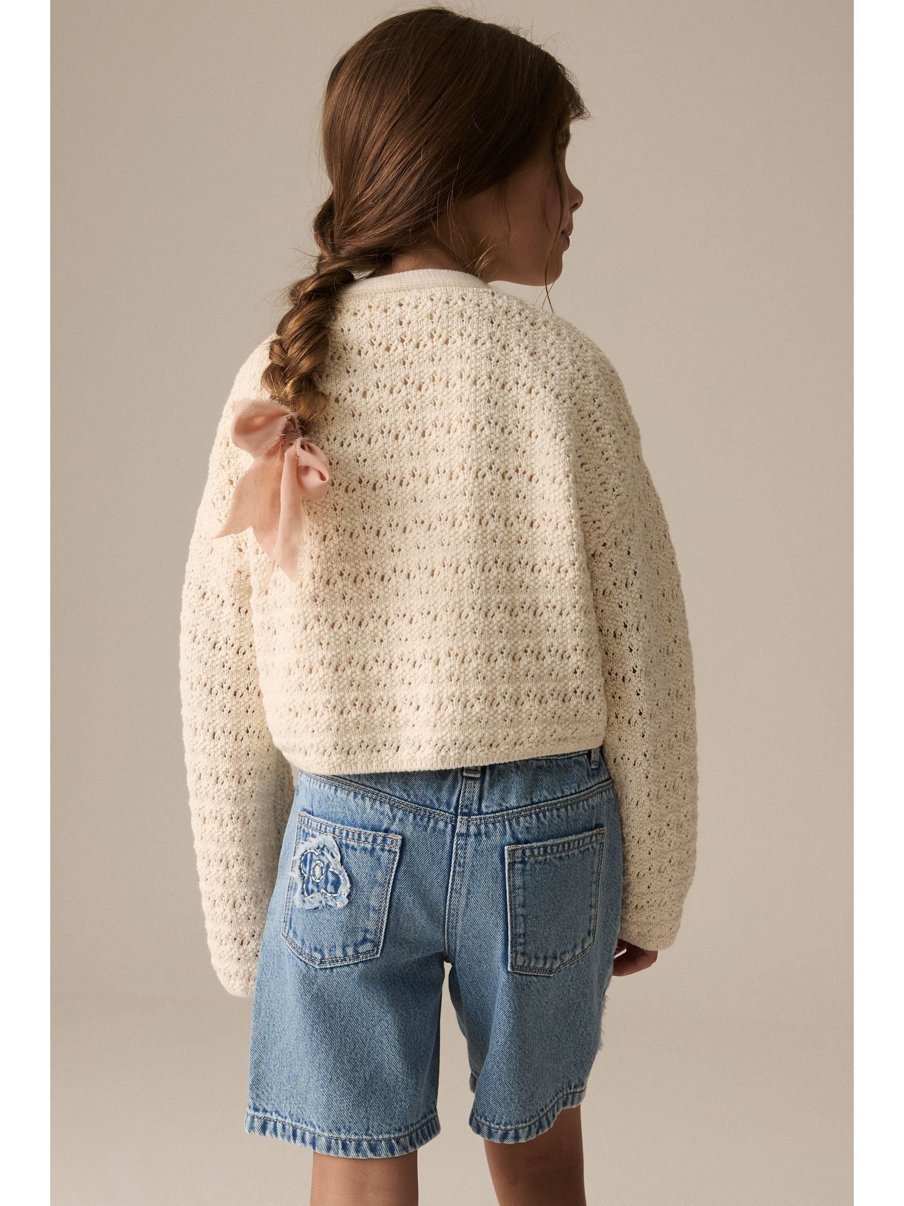 Ecru Crochet V-Neck 100% Cotton Cardigan (3-16yrs)