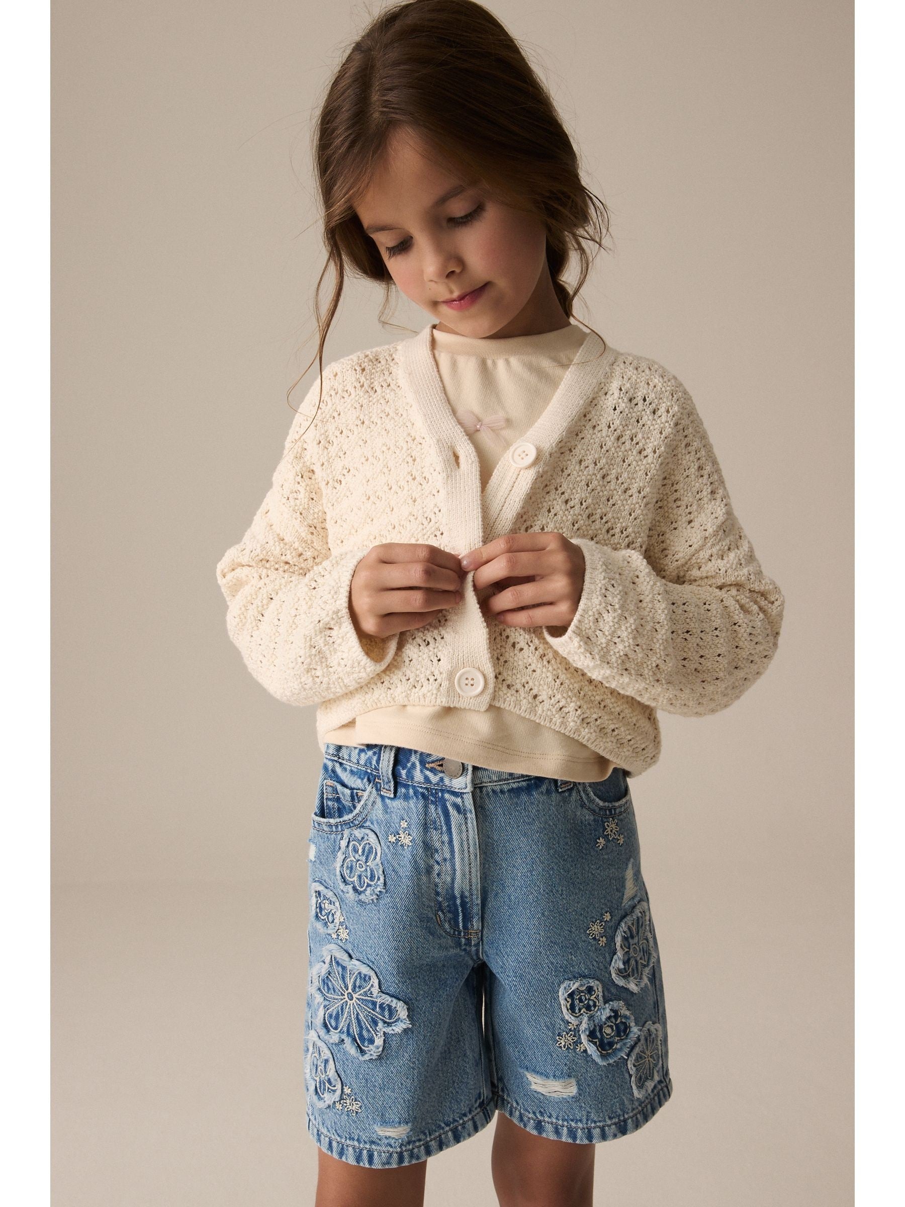 Ecru Crochet V-Neck 100% Cotton Cardigan (3-16yrs)