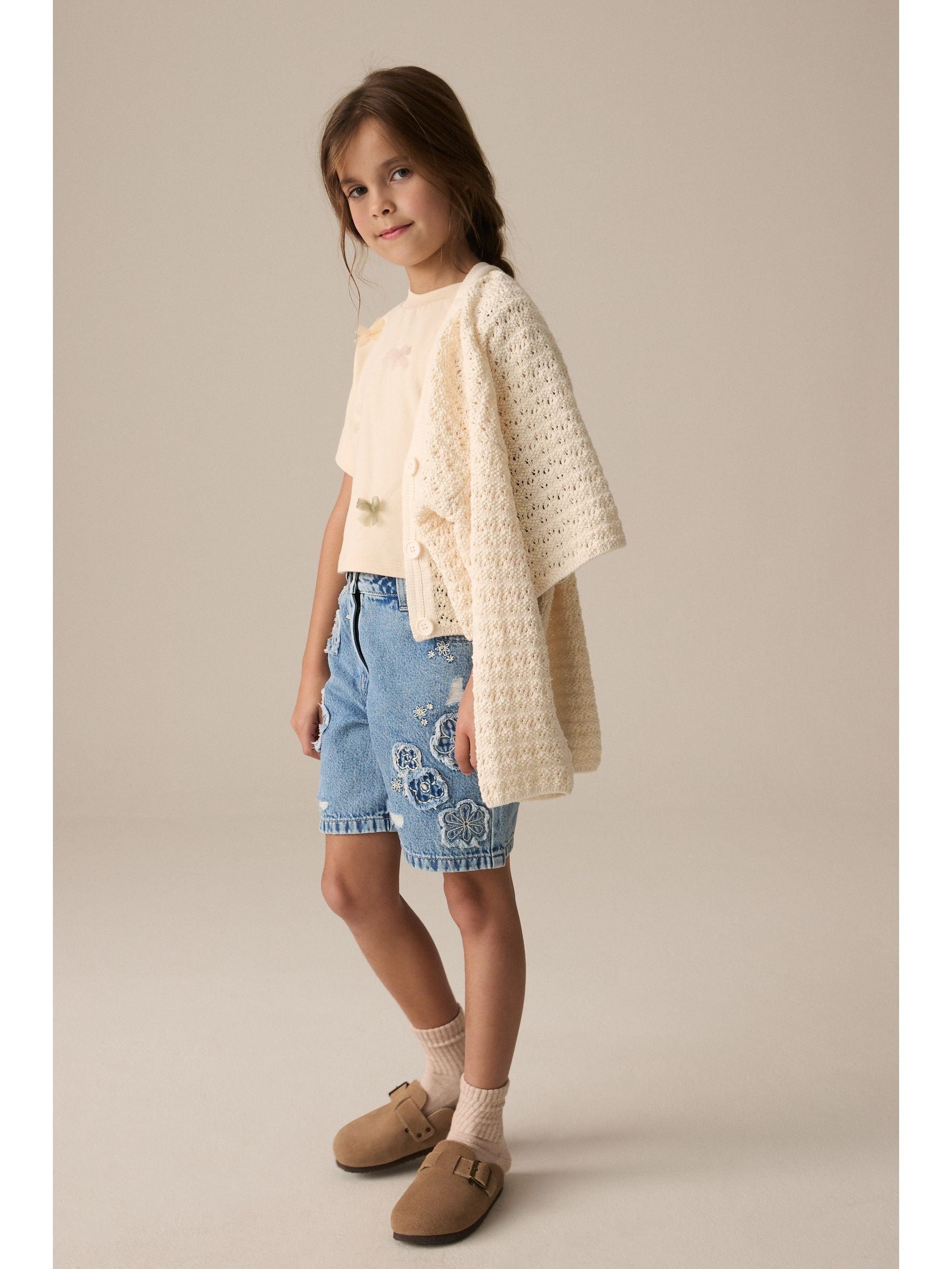 Ecru Crochet V-Neck 100% Cotton Cardigan (3-16yrs)