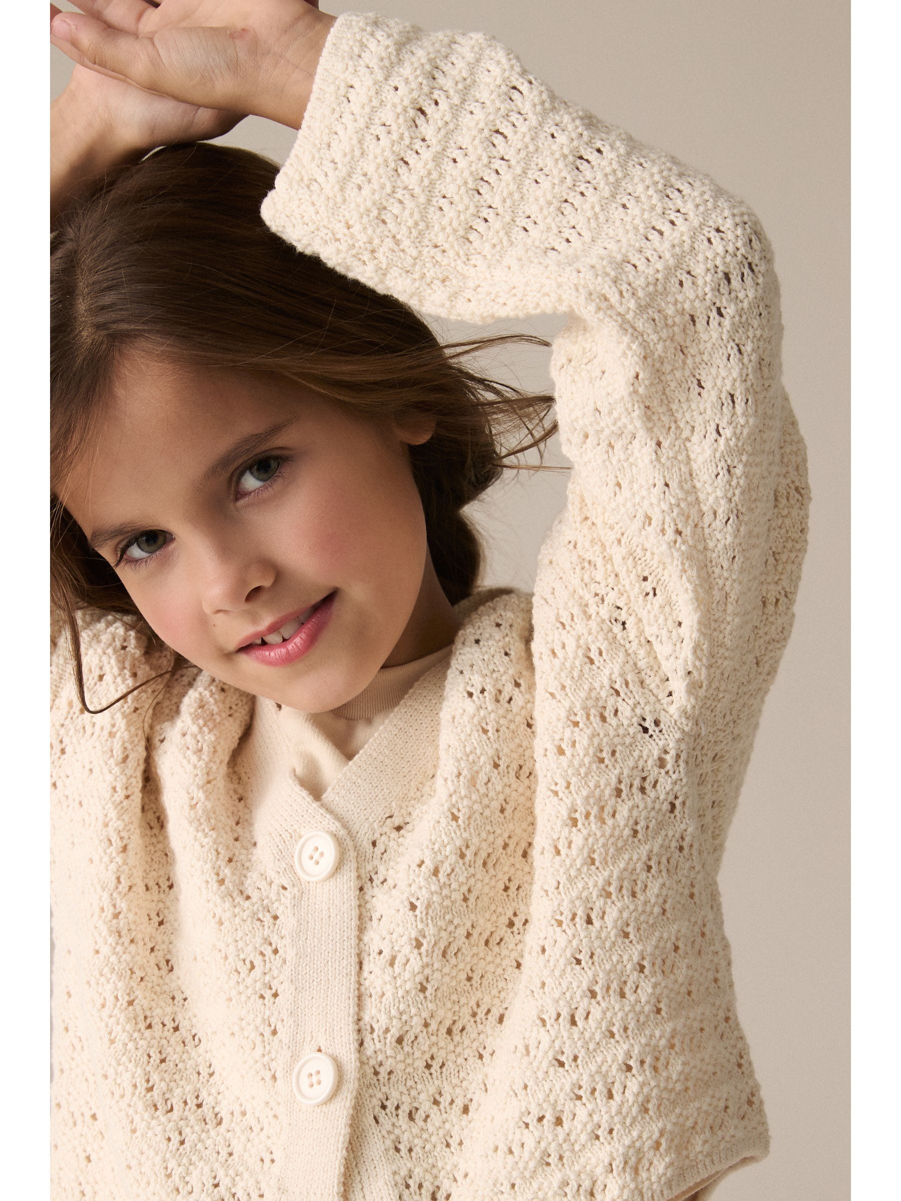 Ecru Crochet V-Neck 100% Cotton Cardigan (3-16yrs)