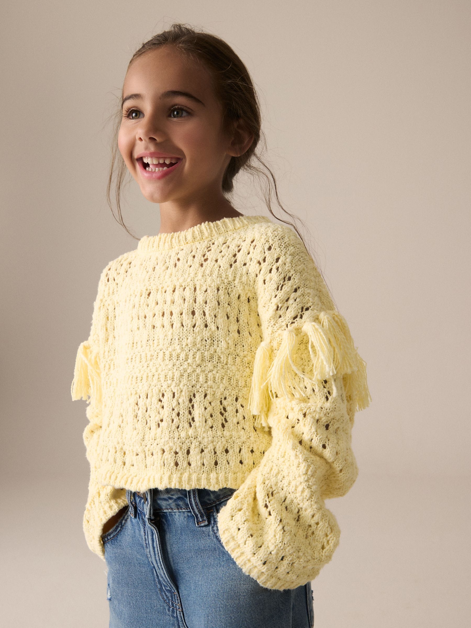 Lemon Yellow Tassle Crochet 100% Cotton Jumper (3-16yrs)