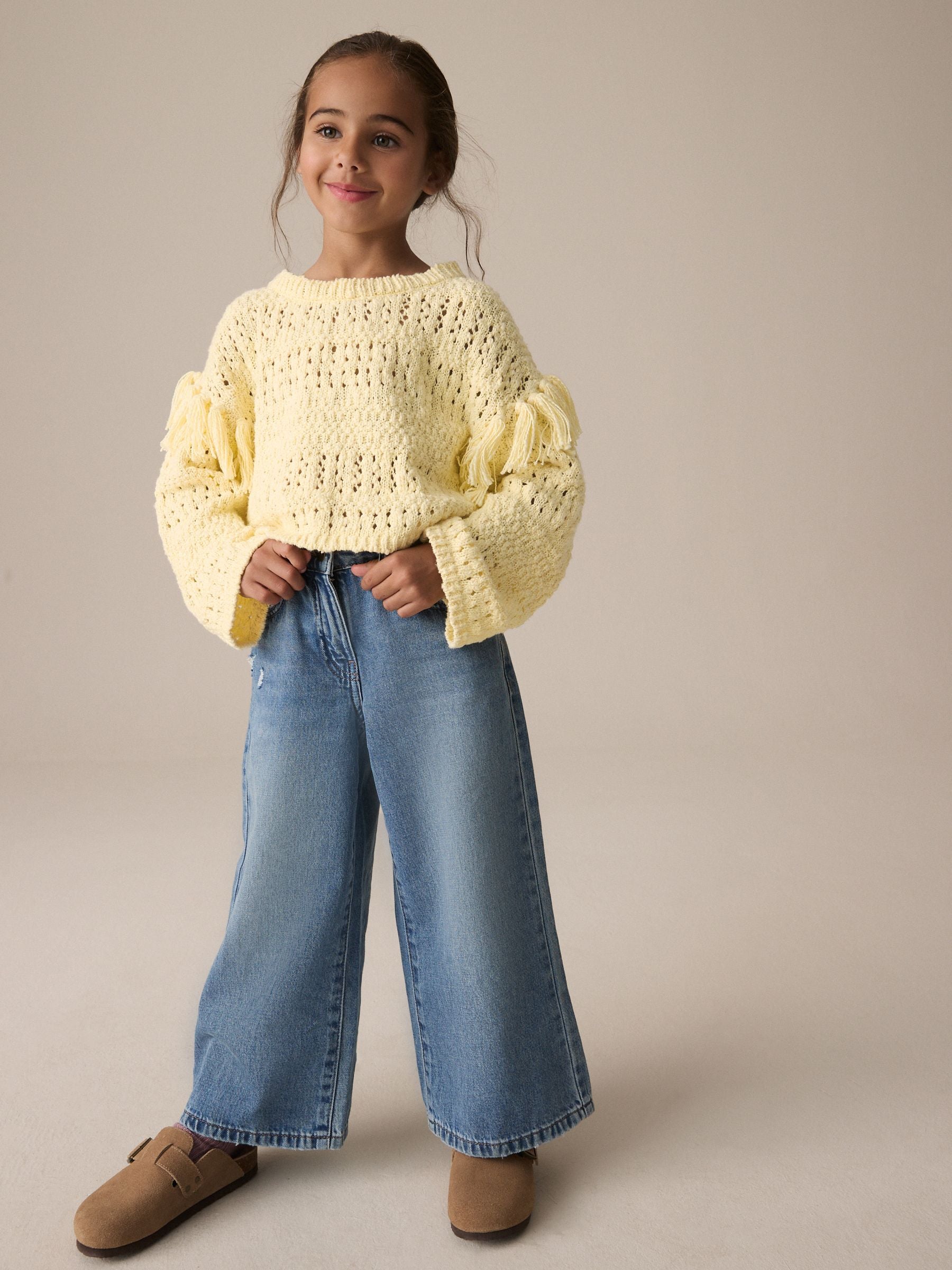 Lemon Yellow Tassle Crochet 100% Cotton Jumper (3-16yrs)