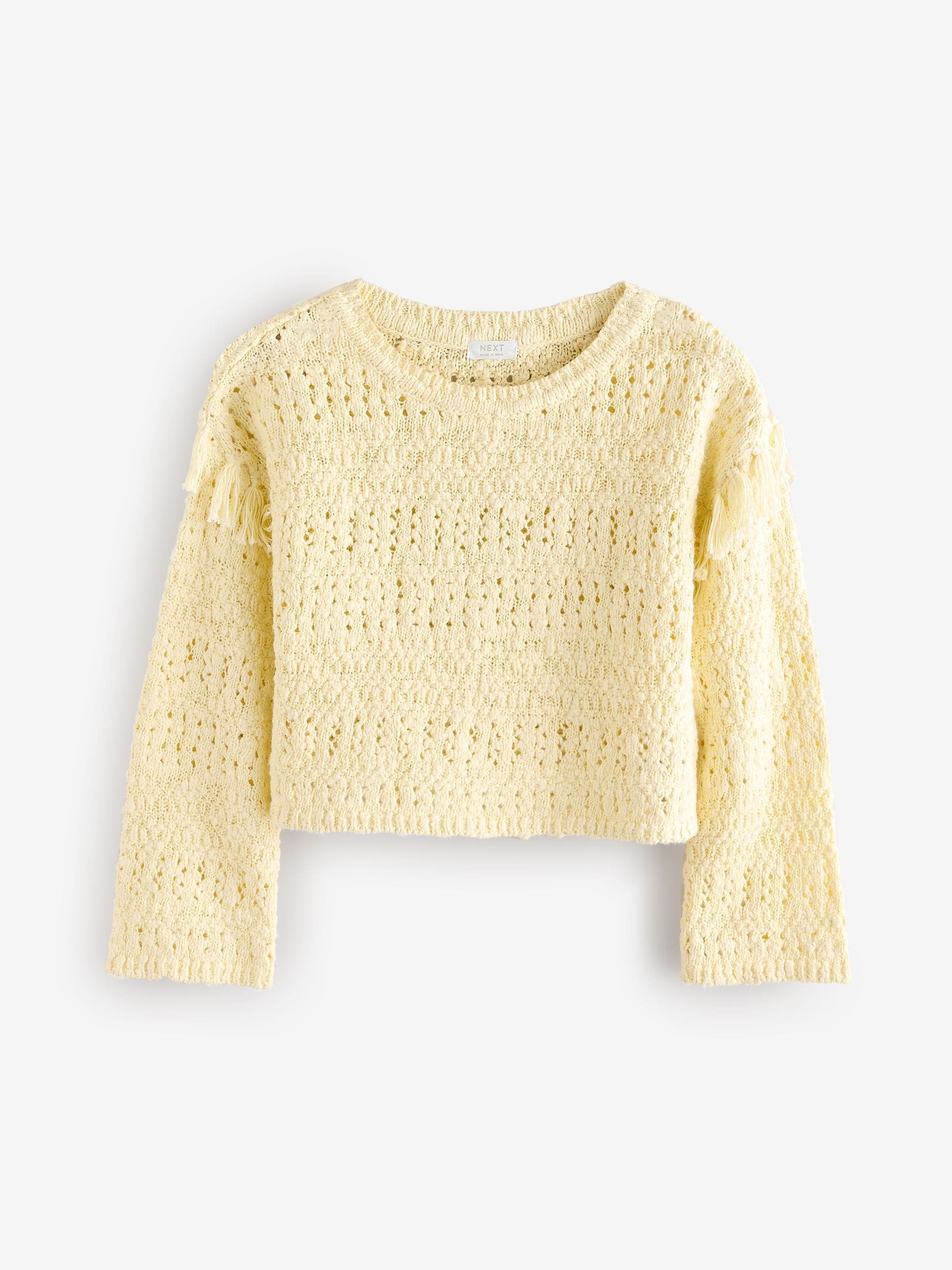 Lemon Yellow Tassle Crochet 100% Cotton Jumper (3-16yrs)