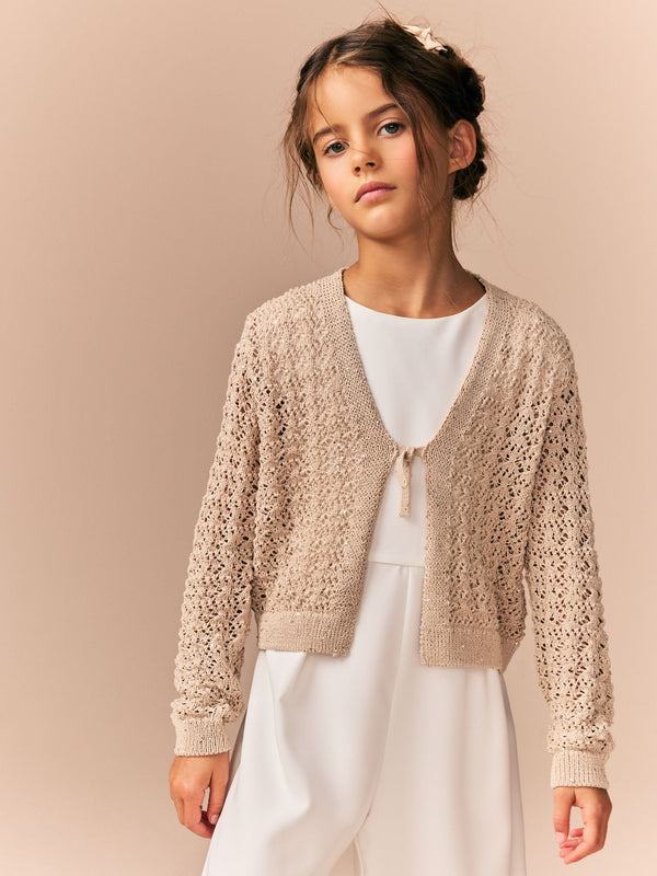 Ecru Sequin Tie Front Cardigan (3-16yrs)