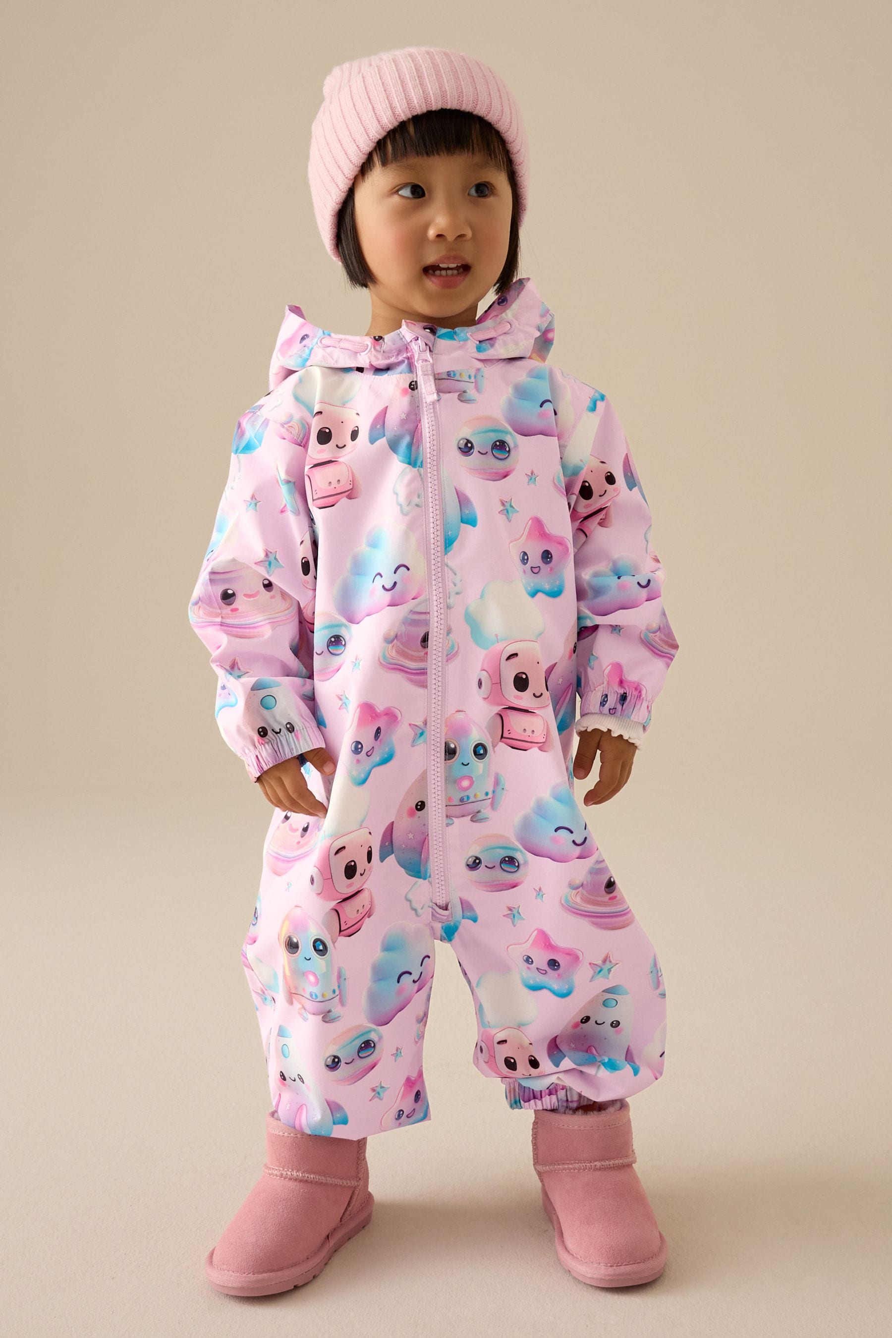 Multi Pink Zip Lined Hooded Waterproof Printed Puddlesuit (3mths-7yrs)