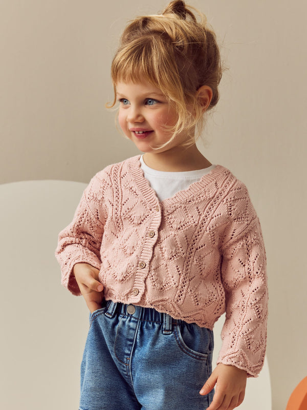 Pink 100% Cotton V-Neck Knitted Cardigan (3mths-7yrs)