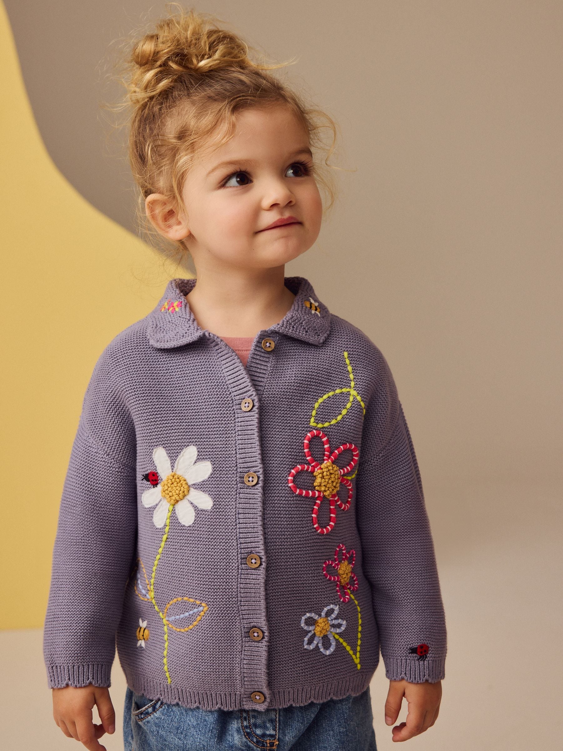 Blue 100% Cotton Crochet Collar Embroidered Cardigan (3mths-7yrs)