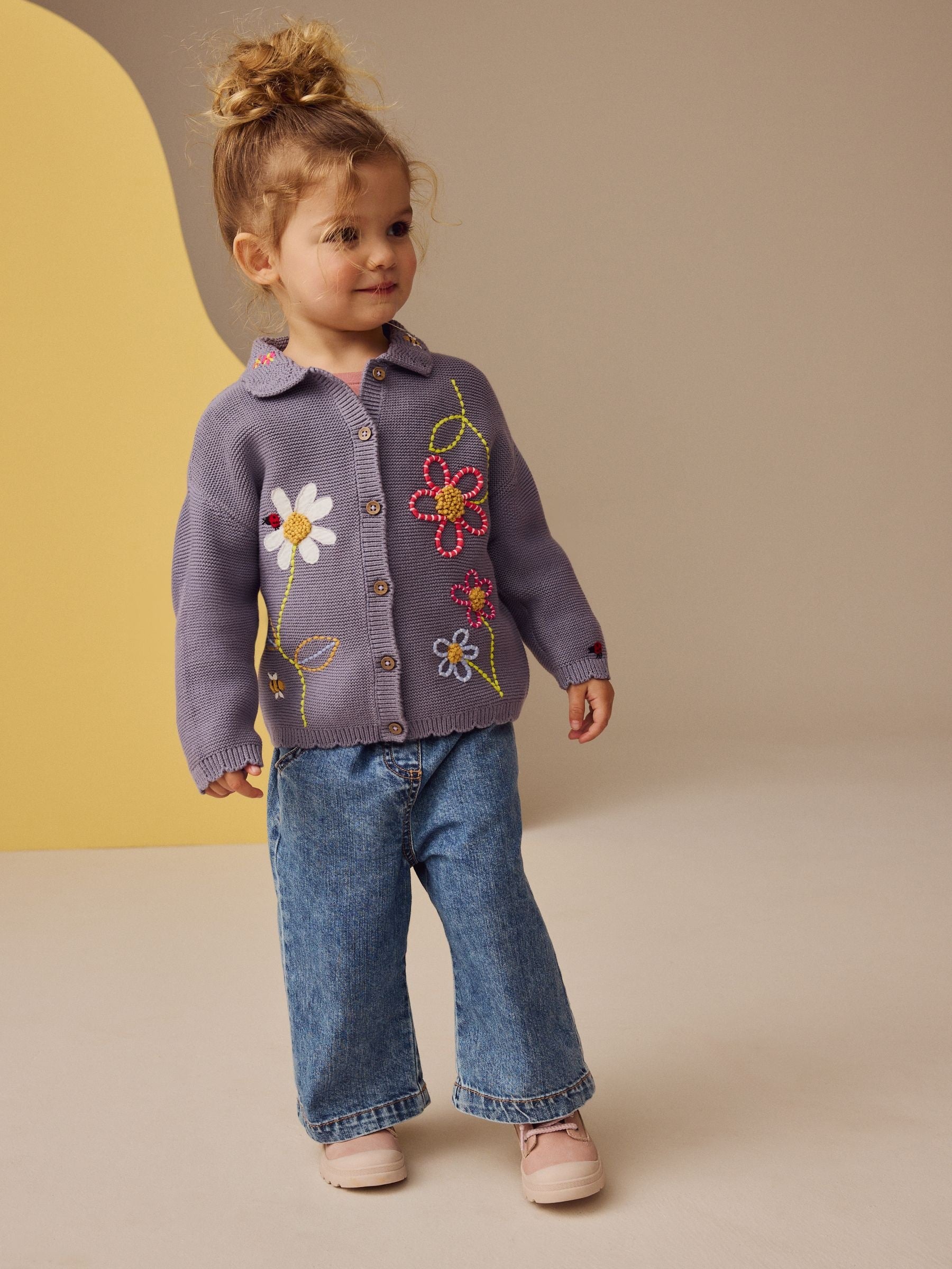 Blue 100% Cotton Crochet Collar Embroidered Cardigan (3mths-7yrs)