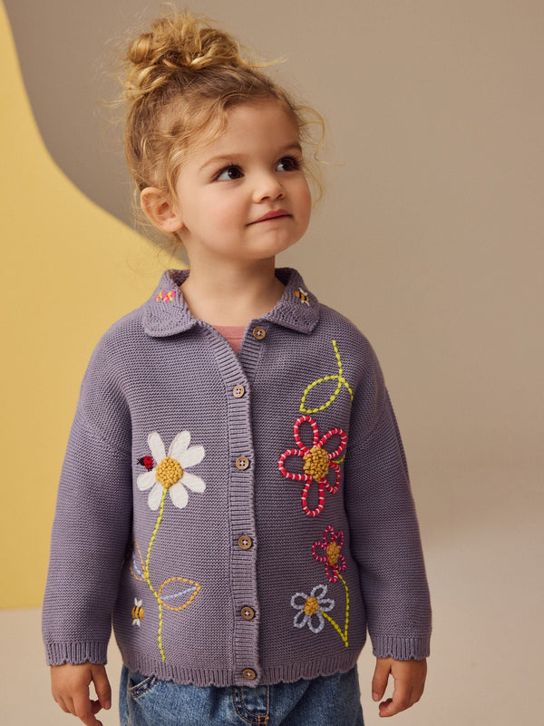 Blue 100% Cotton Crochet Collar Embroidered Cardigan (3mths-7yrs)