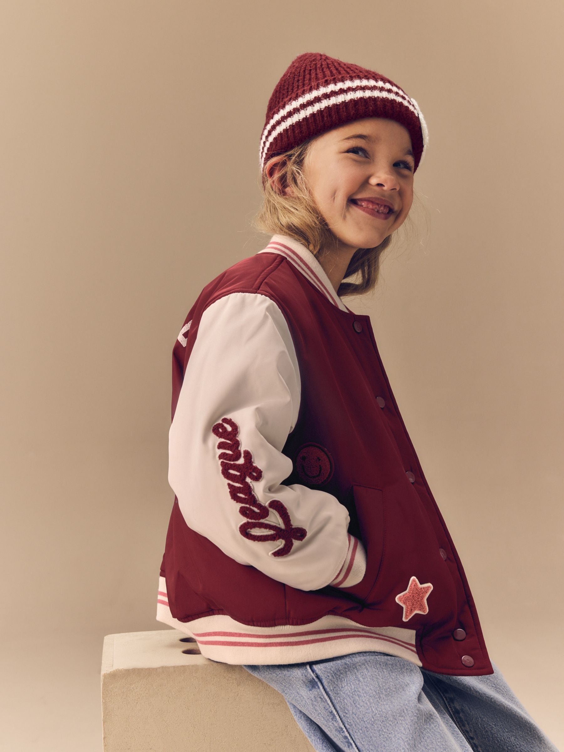 Burg/White Shower Resistant Varsity Bomber Jacket (3-16yrs)