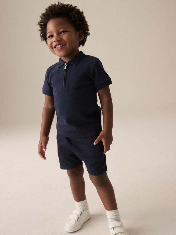 Navy Textured Short Sleeve Zip Neck 100% Cotton Polo And Shorts Set (3mths-7yrs)