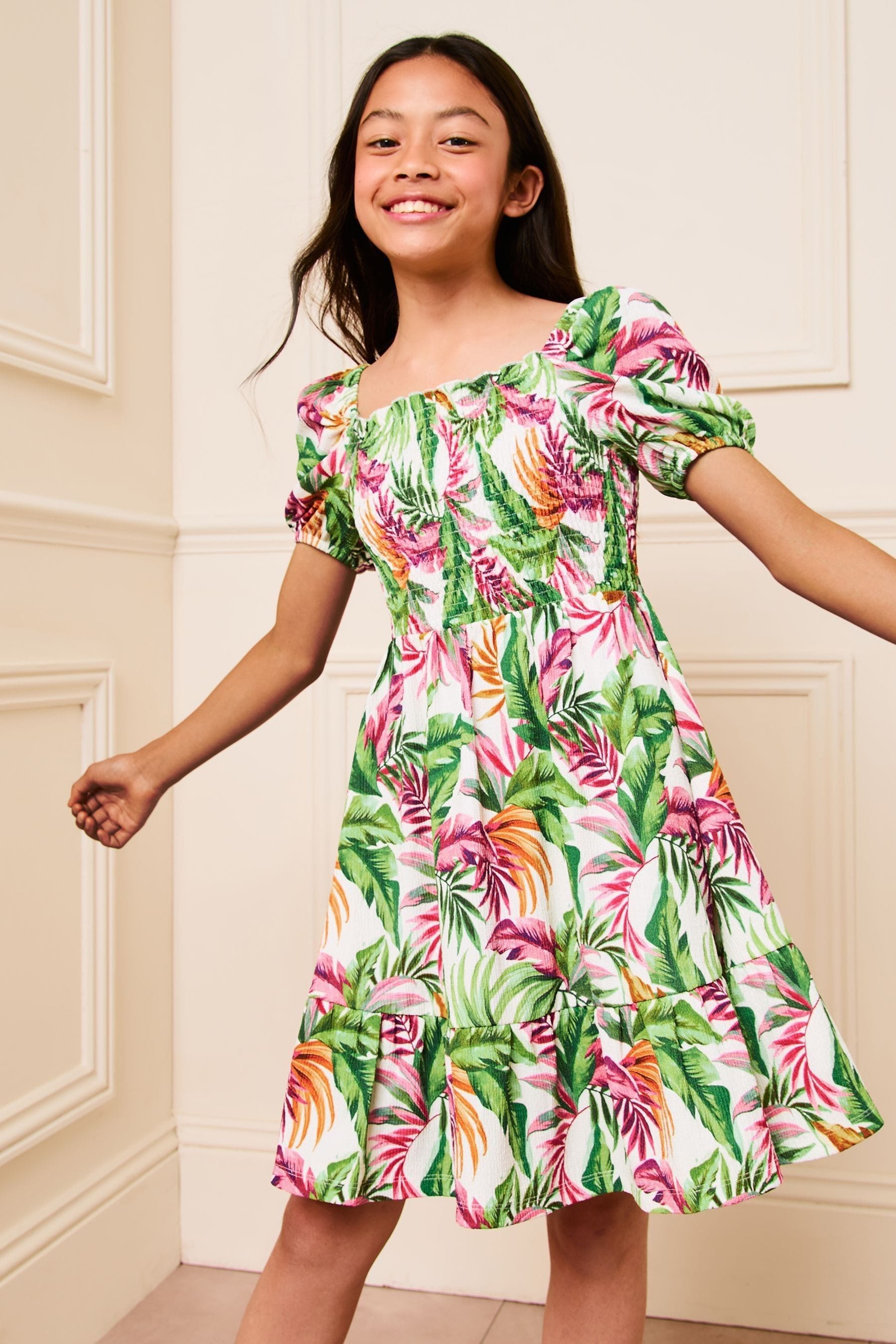 White Palm Print Lipsy Square Neck Jersey Crinkle Dress