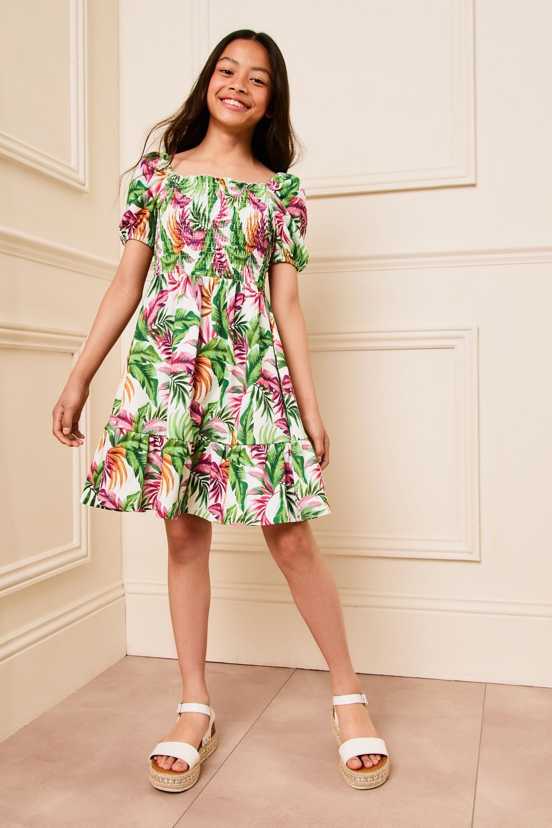 White Palm Print Lipsy Square Neck Jersey Crinkle Dress