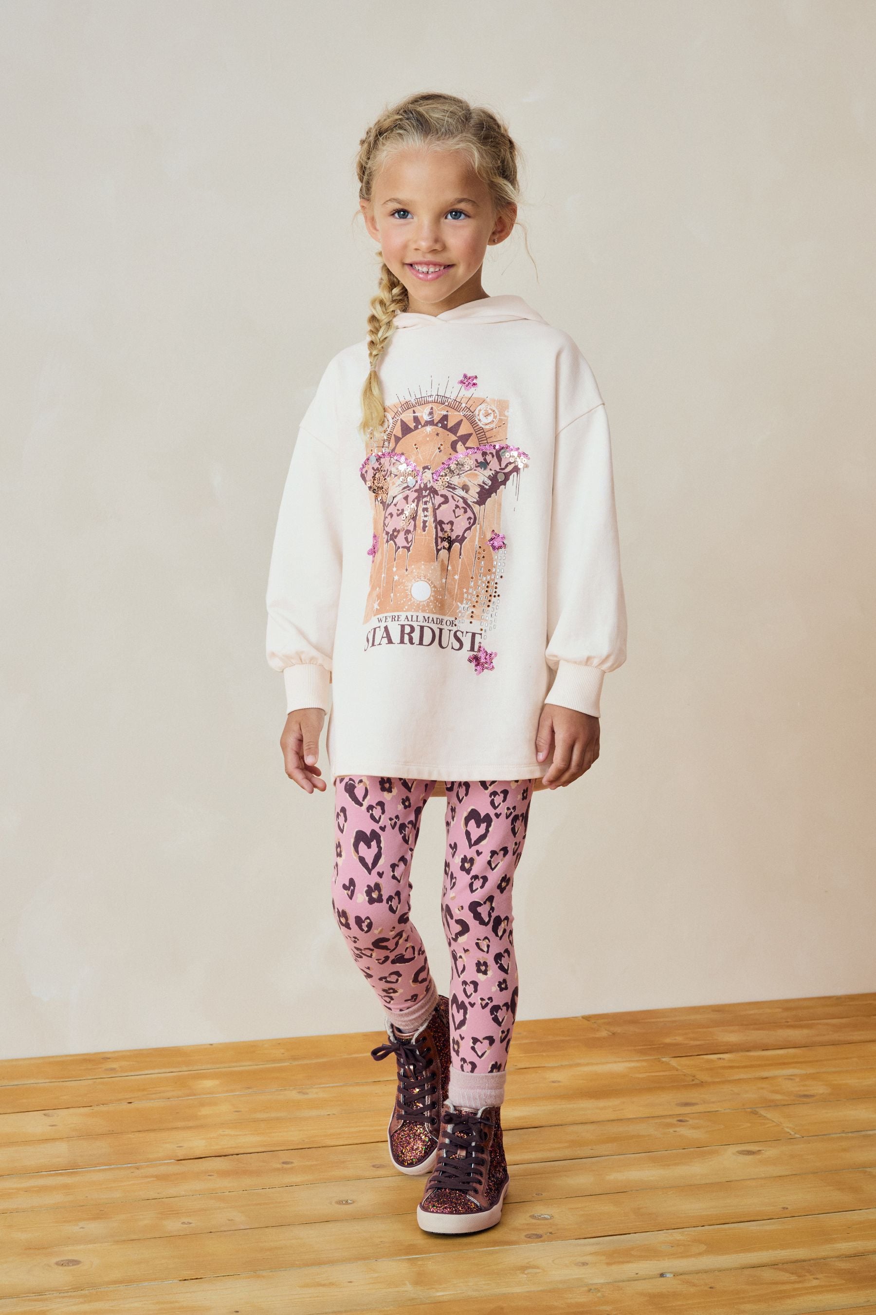 Ecru/Pink Sequin Butterfly 100% Cotton Hoodie and Leggings Set (3-16yrs)