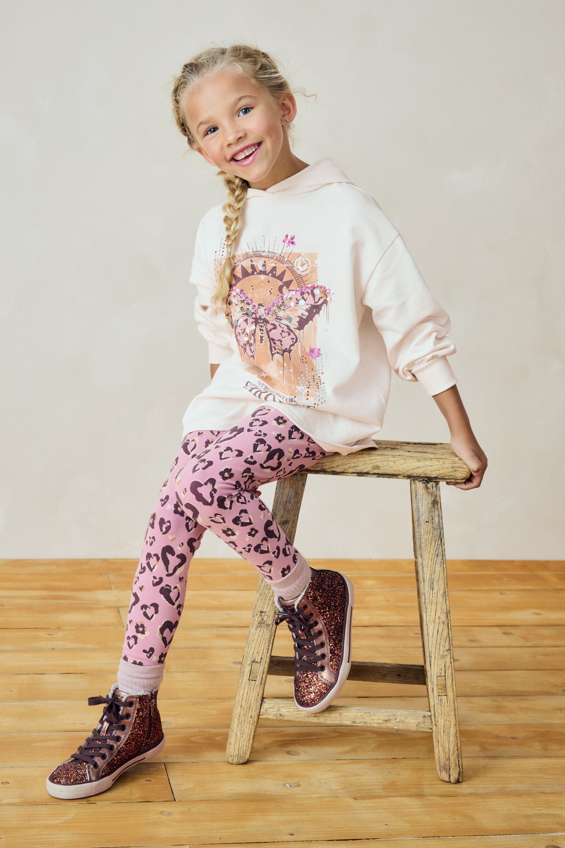 Ecru/Pink Sequin Butterfly 100% Cotton Hoodie and Leggings Set (3-16yrs)