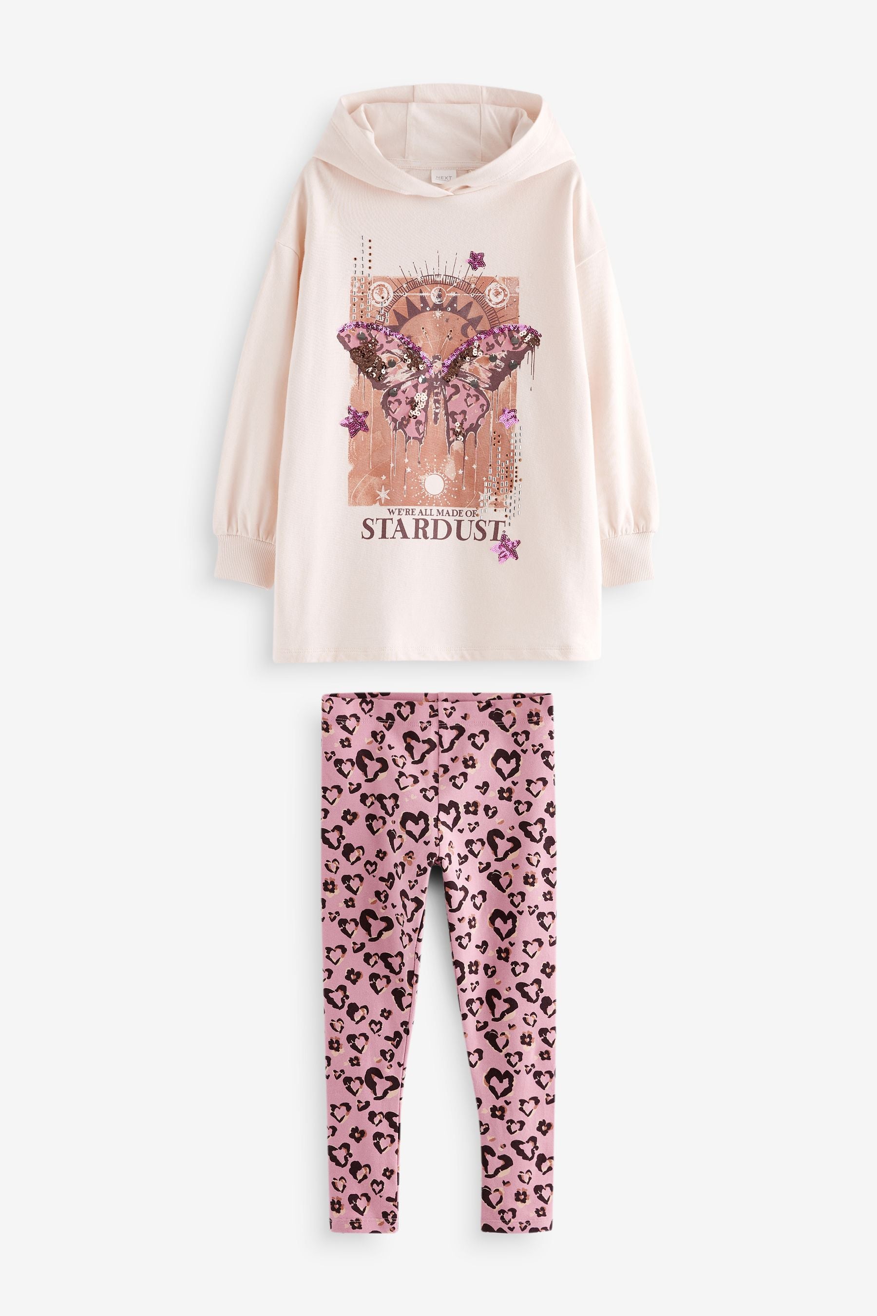 Ecru/Pink Sequin Butterfly 100% Cotton Hoodie and Leggings Set (3-16yrs)