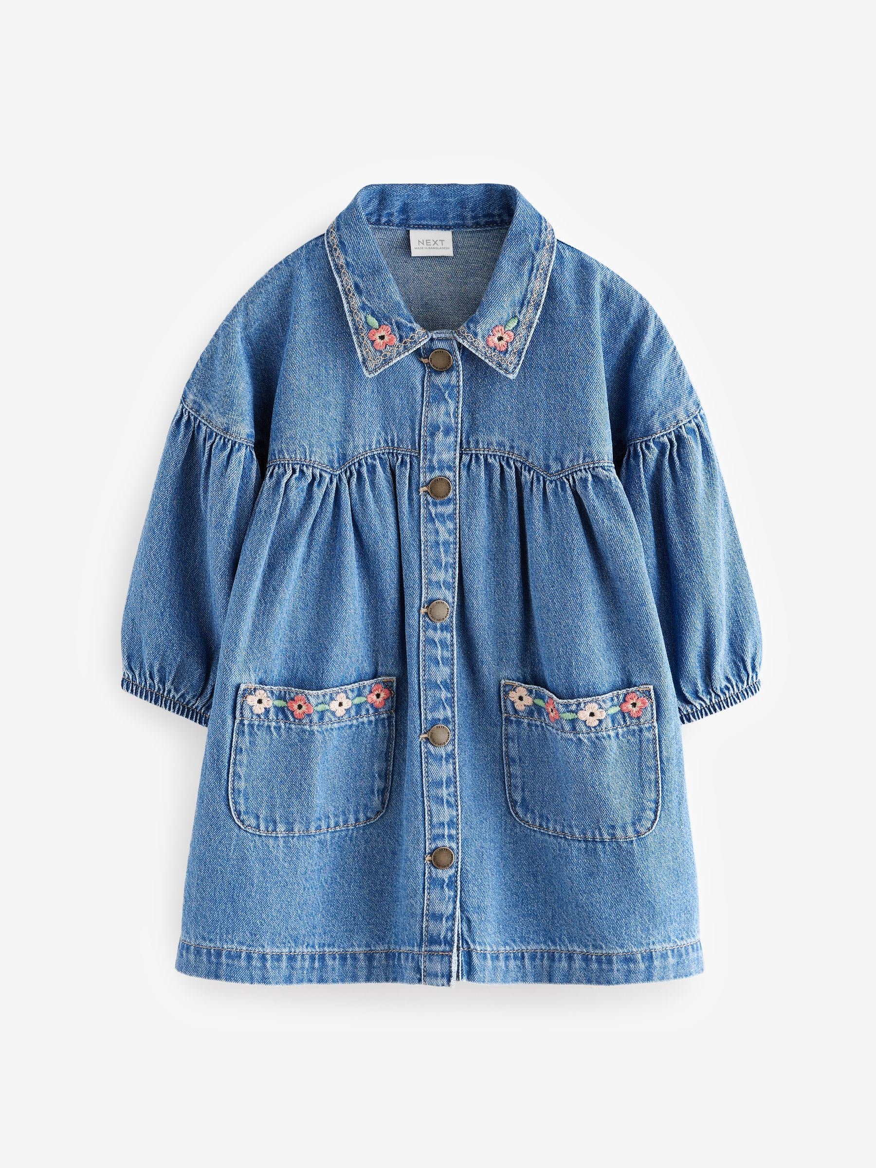 Blue Embroidered 100% Cotton Denim Shirt Dress (3mths-8yrs)