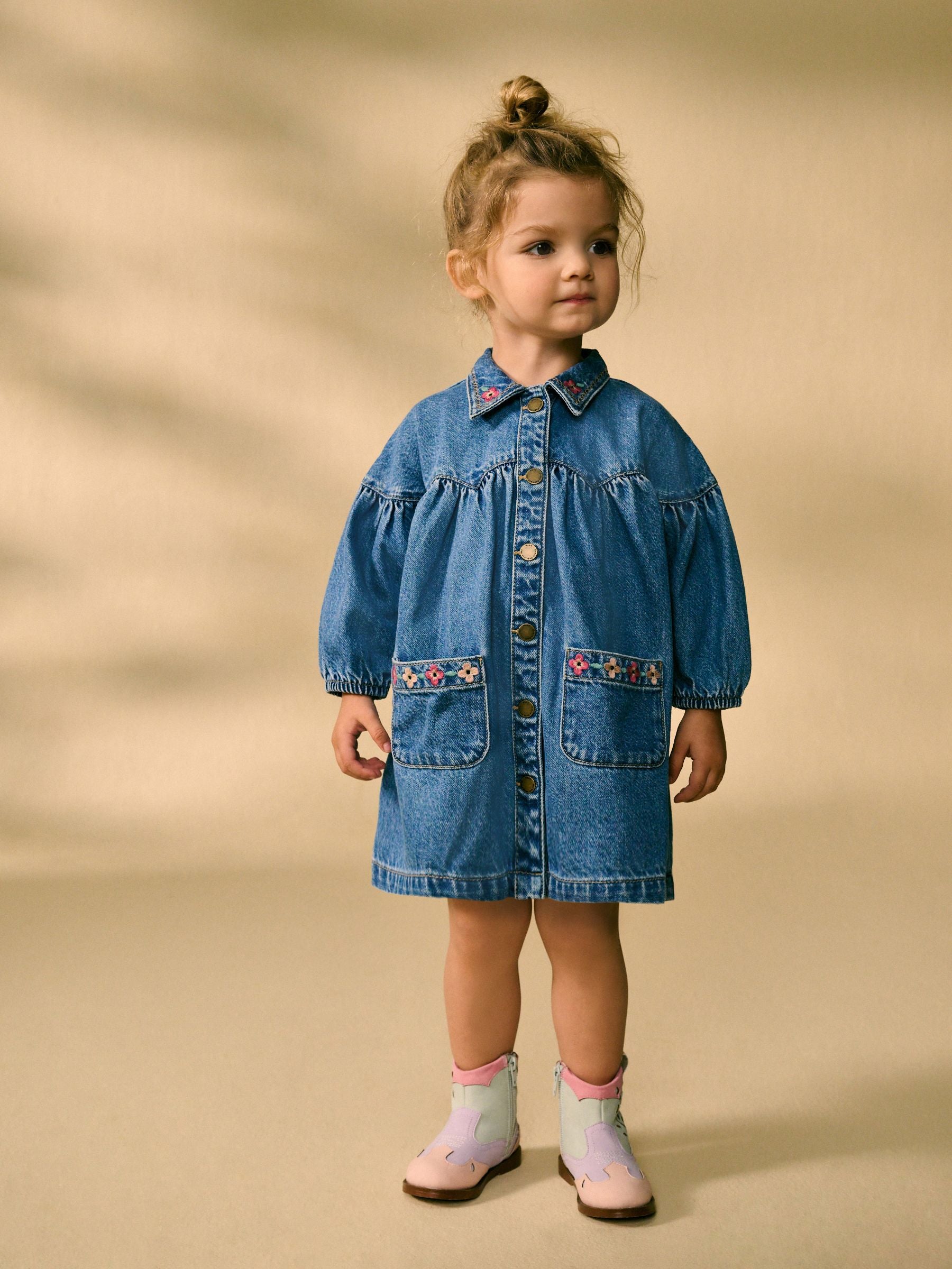 Blue Embroidered 100% Cotton Denim Shirt Dress (3mths-8yrs)