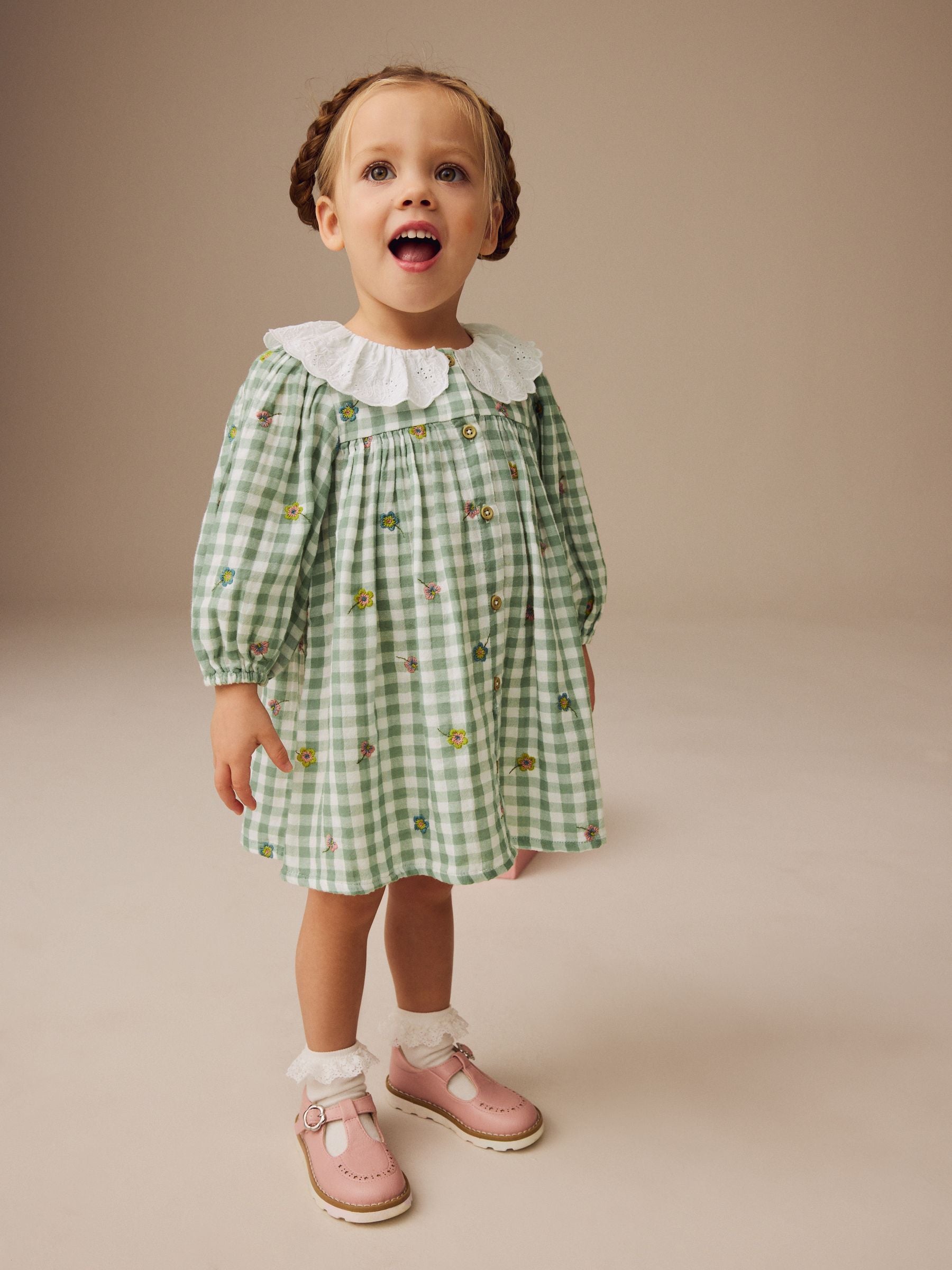 Green Check Embroidered Collar Long Sleeve 100% Cotton Dress (3mths-8yrs)