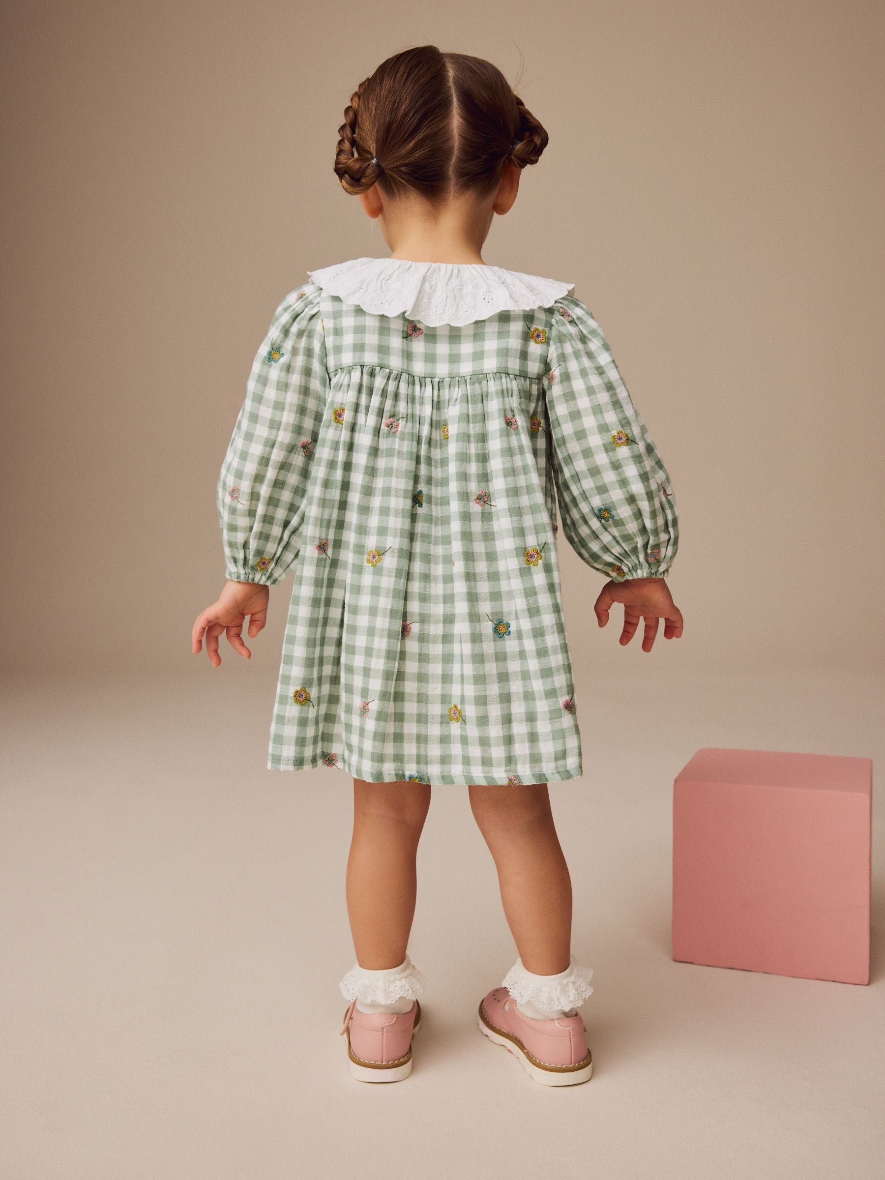 Green Check Embroidered Collar Long Sleeve 100% Cotton Dress (3mths-8yrs)