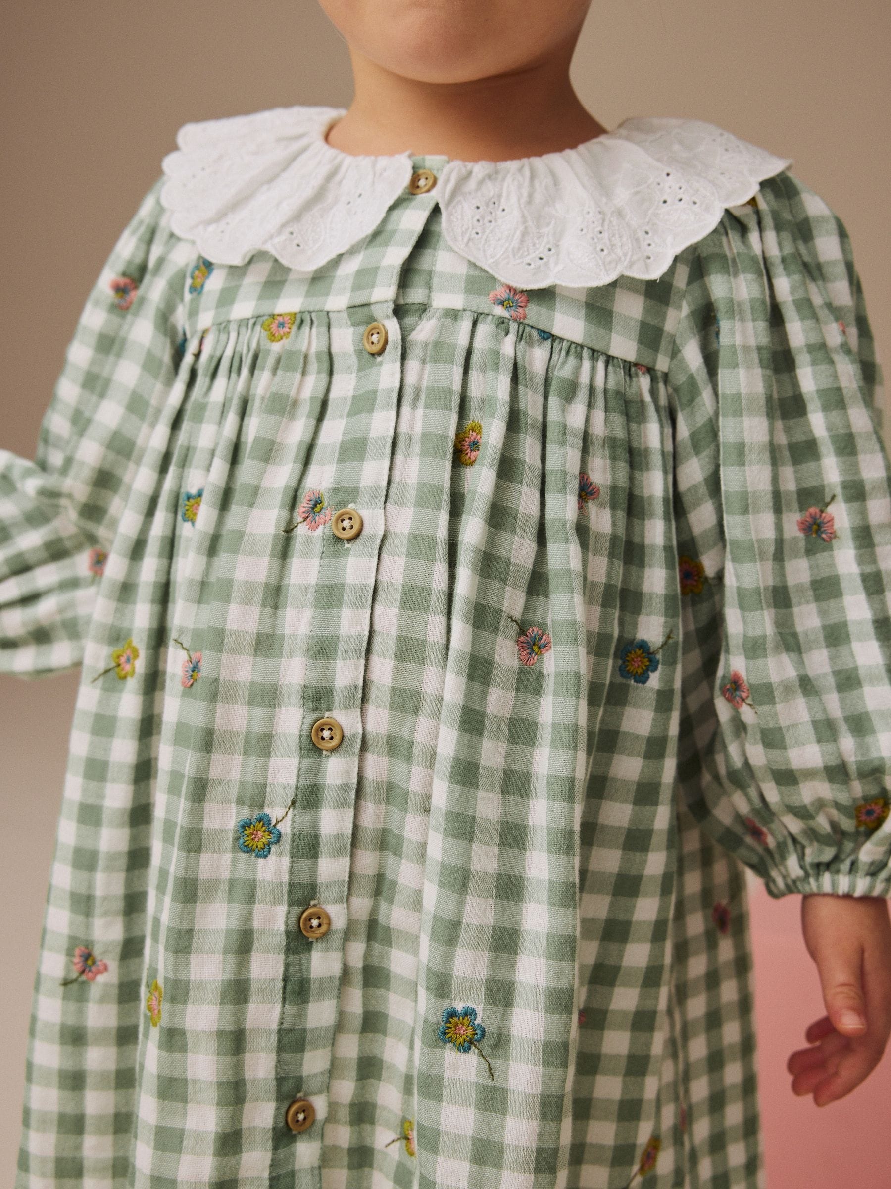 Green Check Embroidered Collar Long Sleeve 100% Cotton Dress (3mths-8yrs)