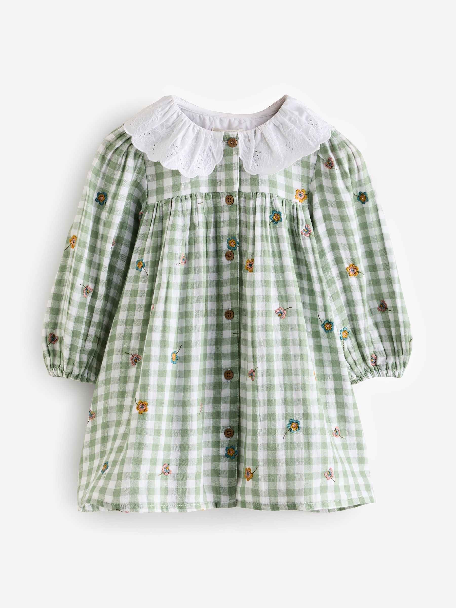 Green Check Embroidered Collar Long Sleeve 100% Cotton Dress (3mths-8yrs)