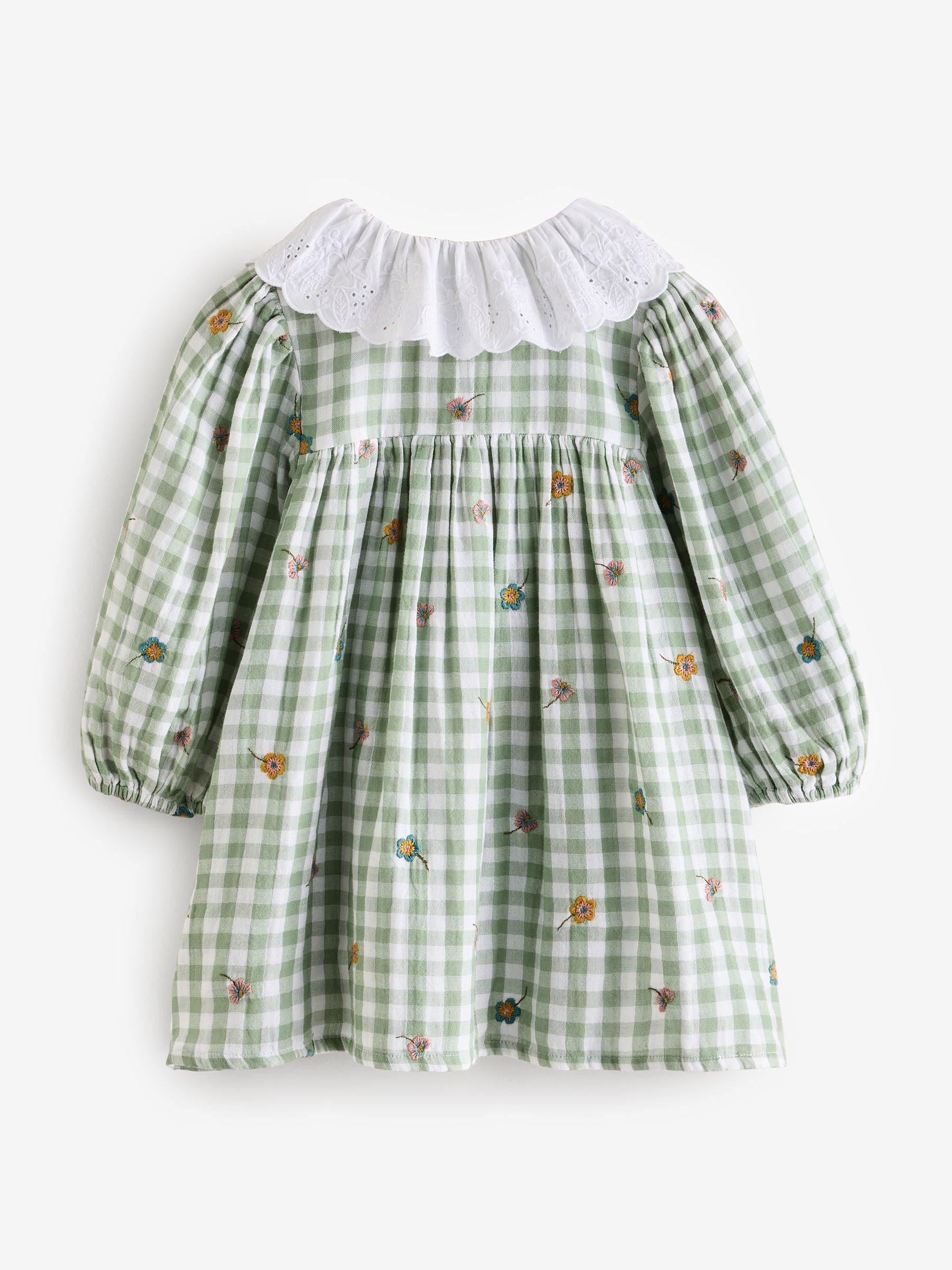 Green Check Embroidered Collar Long Sleeve 100% Cotton Dress (3mths-8yrs)