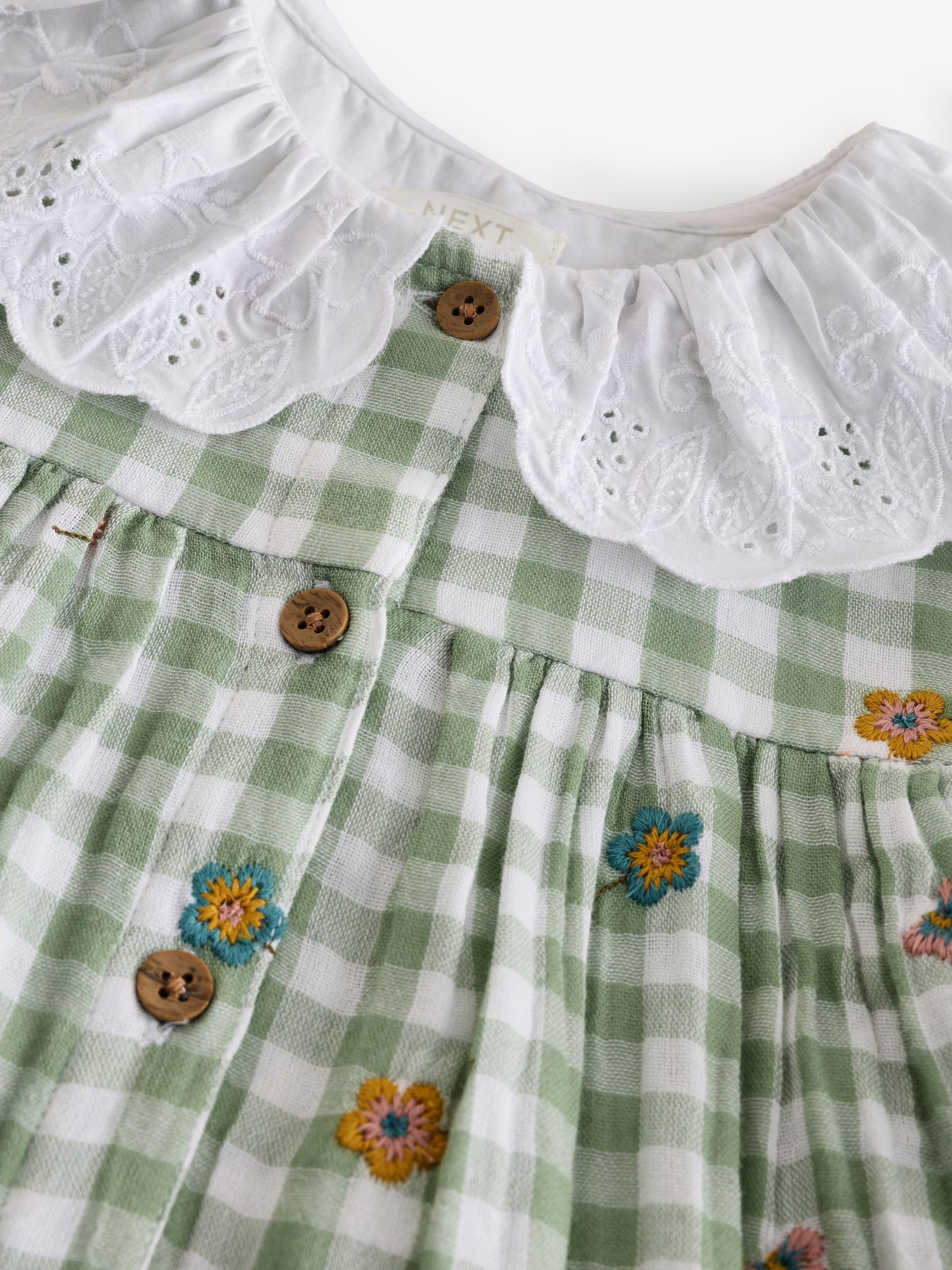 Green Check Embroidered Collar Long Sleeve 100% Cotton Dress (3mths-8yrs)