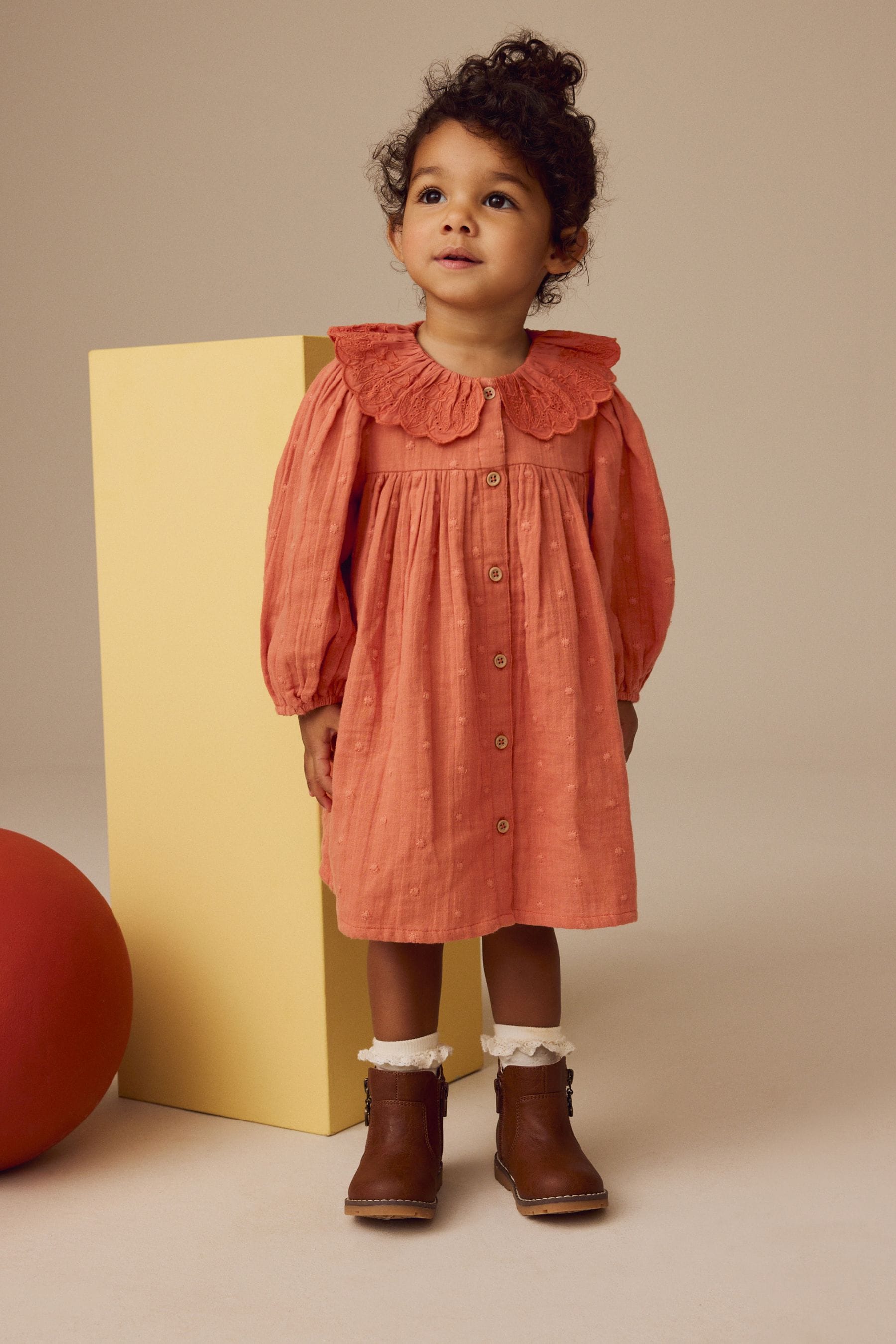 Rust Brown Embroidered Collar Long Sleeve Dress (3mths-8yrs)