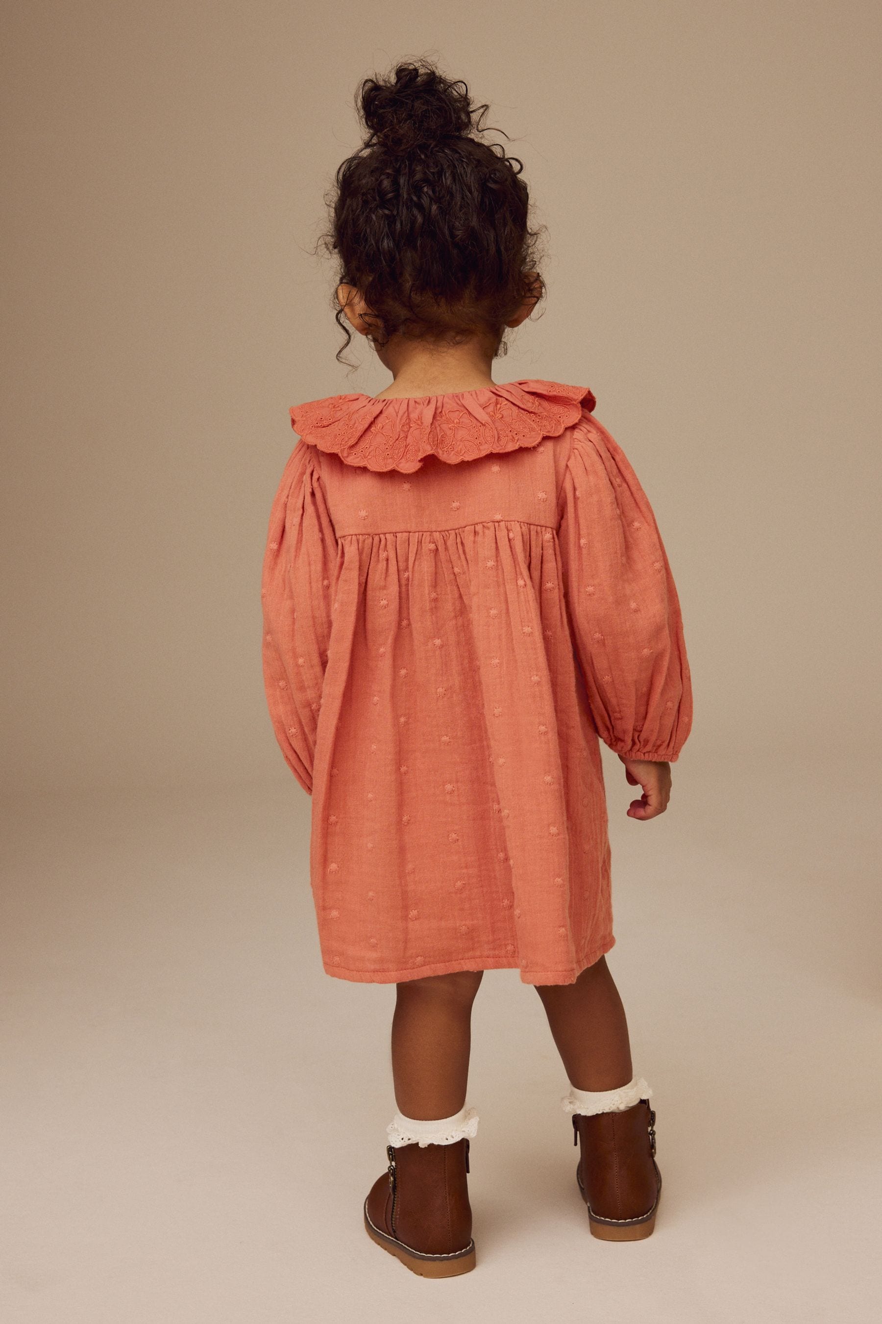 Rust Brown Embroidered Collar Long Sleeve Dress (3mths-8yrs)