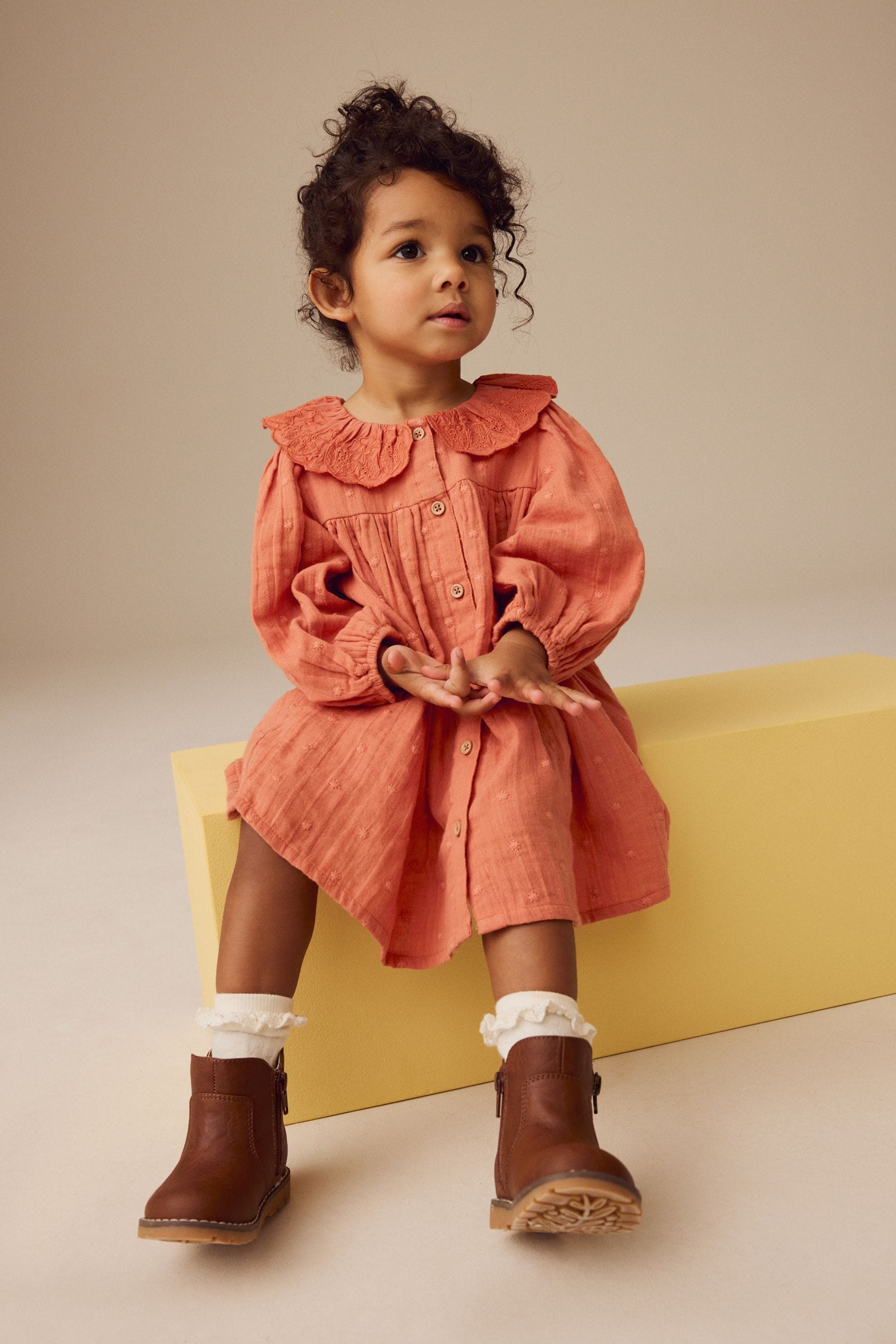 Rust Brown Embroidered Collar Long Sleeve Dress (3mths-8yrs)