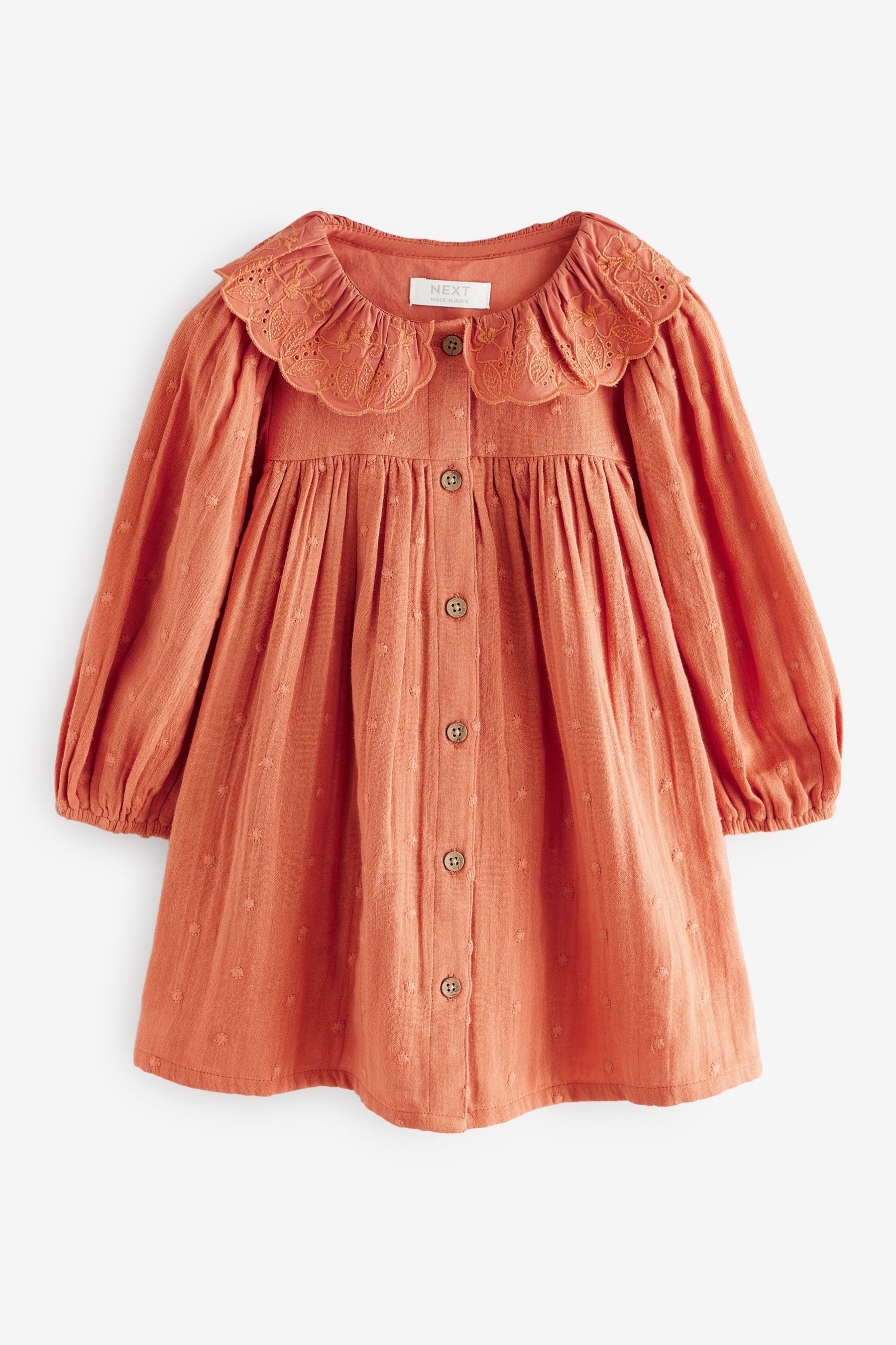 Rust Brown Embroidered Collar Long Sleeve Dress (3mths-8yrs)