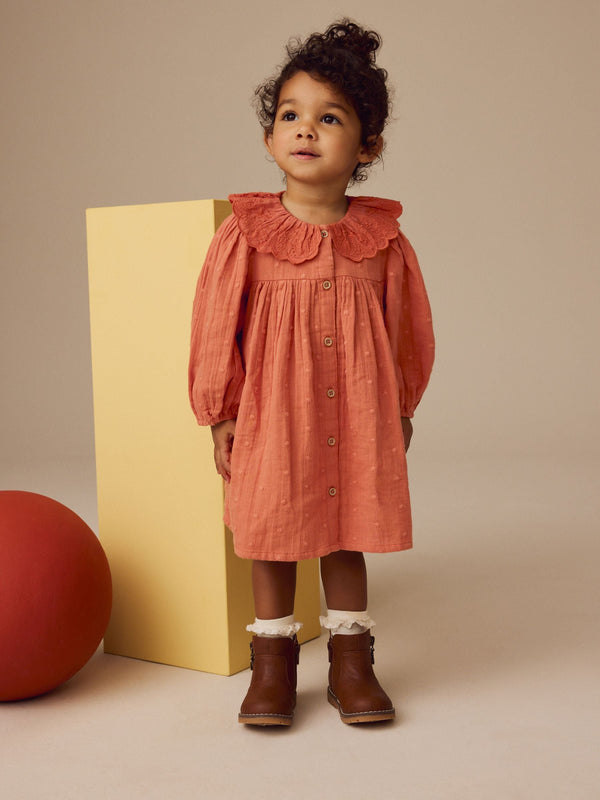 Rust Brown Embroidered Collar Long Sleeve 100% Cotton Dress (3mths-8yrs)