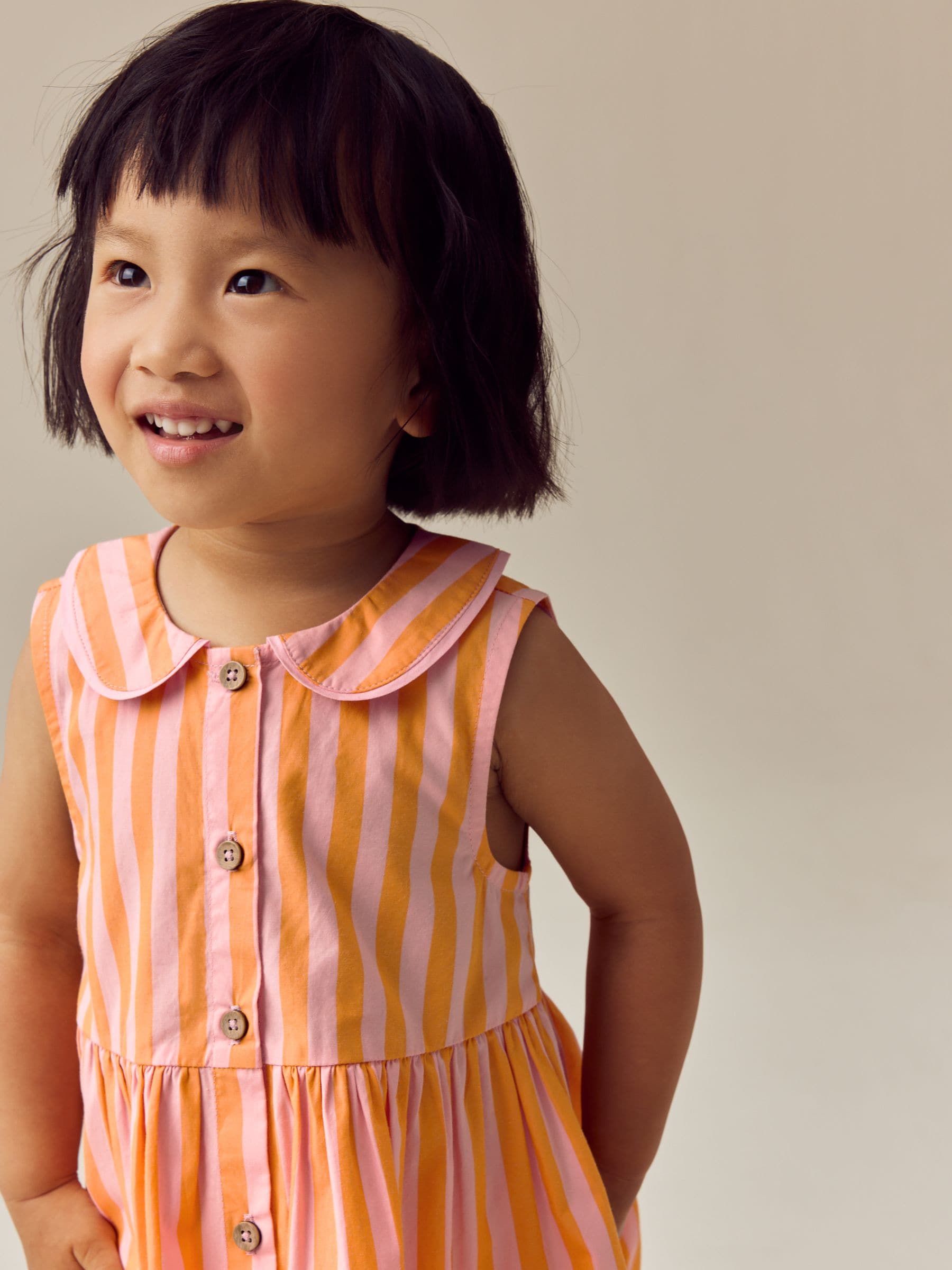 Pink/Yellow Stripe Sleeveless 100% Cotton Collar Dress (3mths-10yrs)