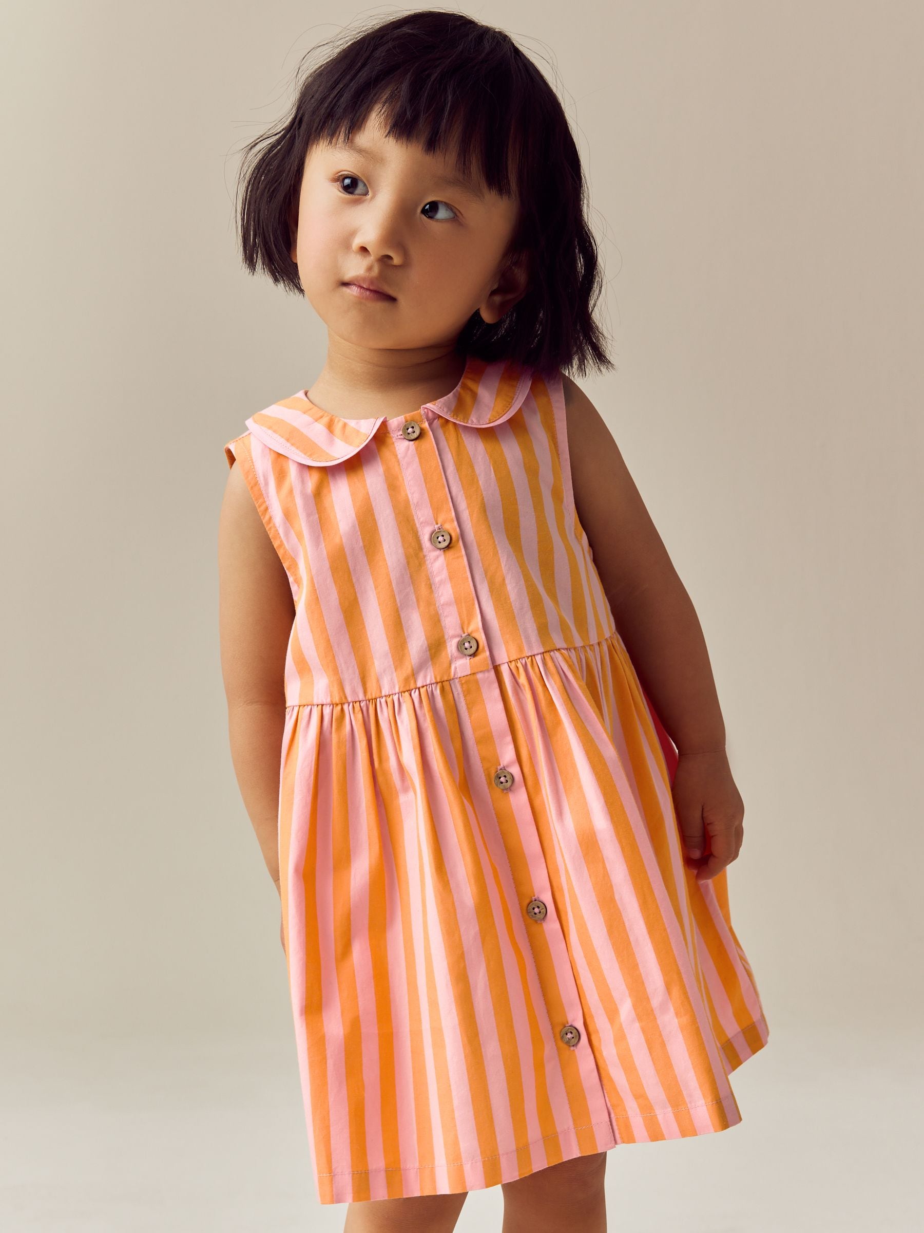 Pink/Yellow Stripe Sleeveless 100% Cotton Collar Dress (3mths-10yrs)