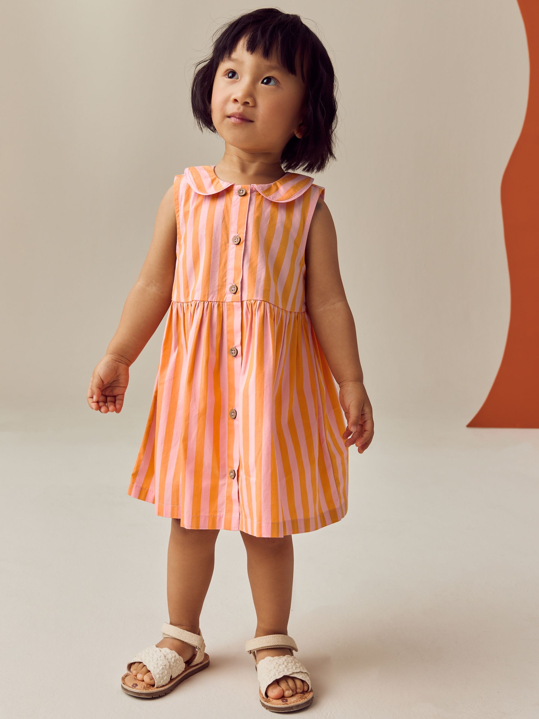 Pink/Yellow Stripe Sleeveless 100% Cotton Collar Dress (3mths-10yrs)