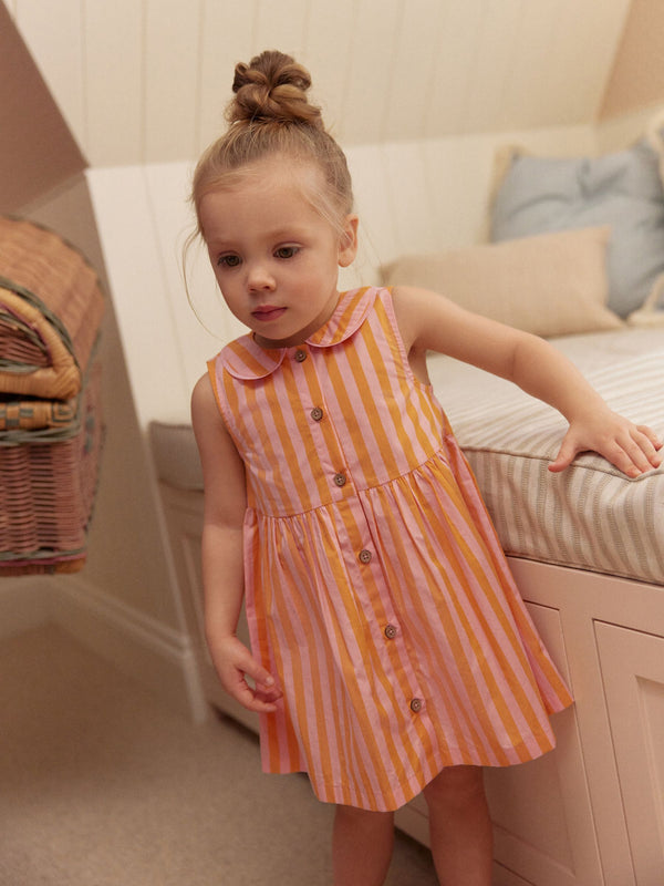 Pink/Yellow Stripe Sleeveless 100% Cotton Collar Dress (3mths-10yrs)