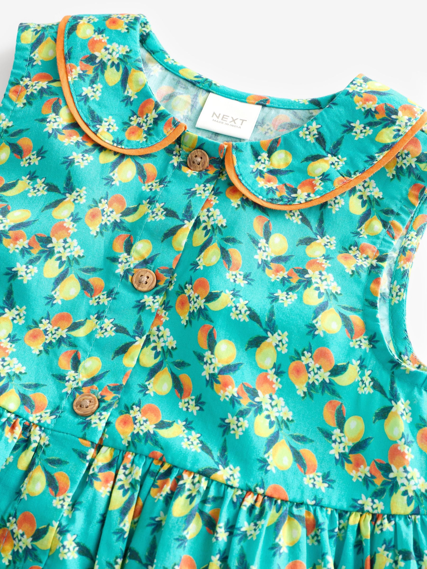 Teal Blue Printed Sleeveless 100% Cotton Collar Dress (3mths-10yrs)