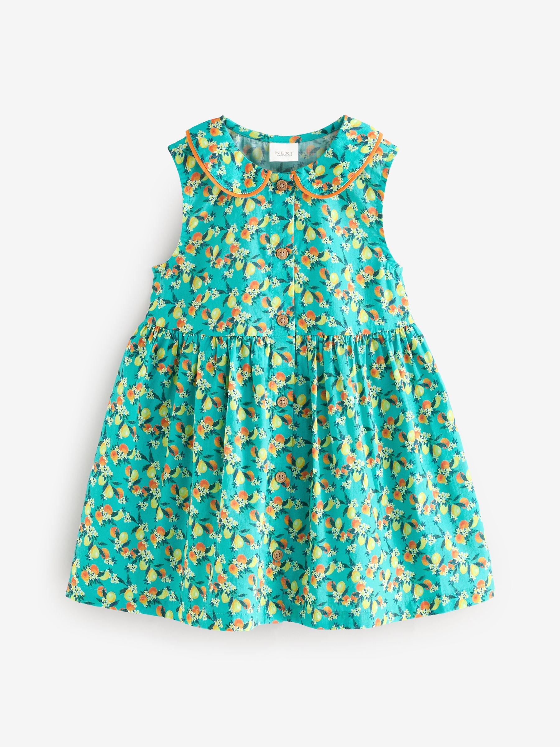 Teal Blue Printed Sleeveless 100% Cotton Collar Dress (3mths-10yrs)