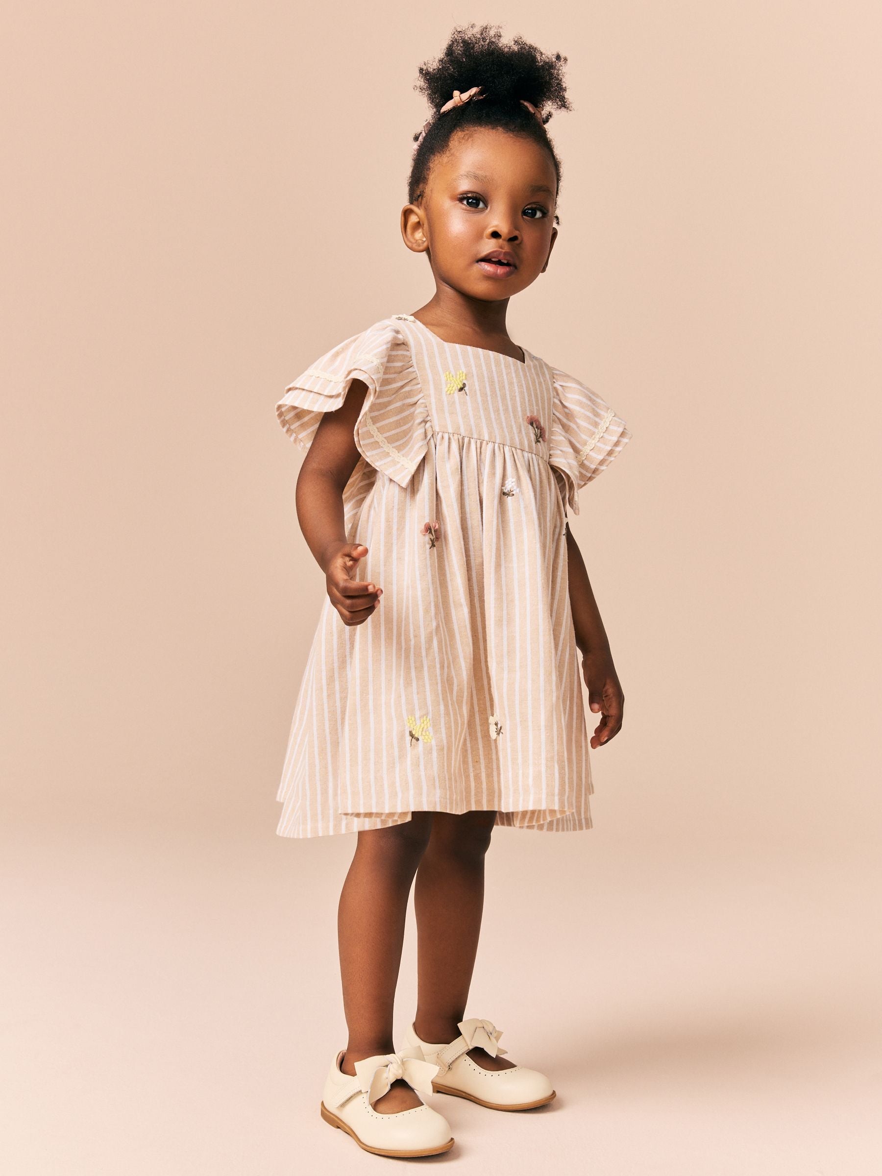 Neutral Stripe Angel Sleeve Dress (3mths-8yrs)