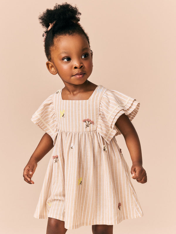 Neutral Stripe Angel Sleeve Dress (3mths-8yrs)