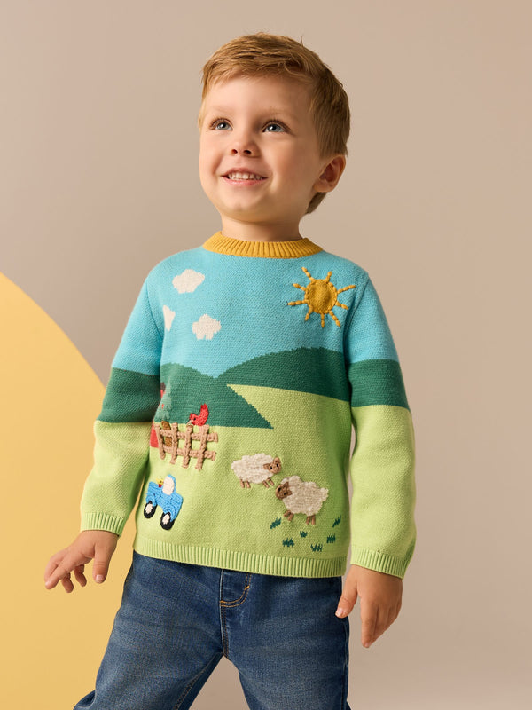 Blue/Green Farm Characters Knitted Crew Neck 100% Cotton Jumper (3mths-7yrs)