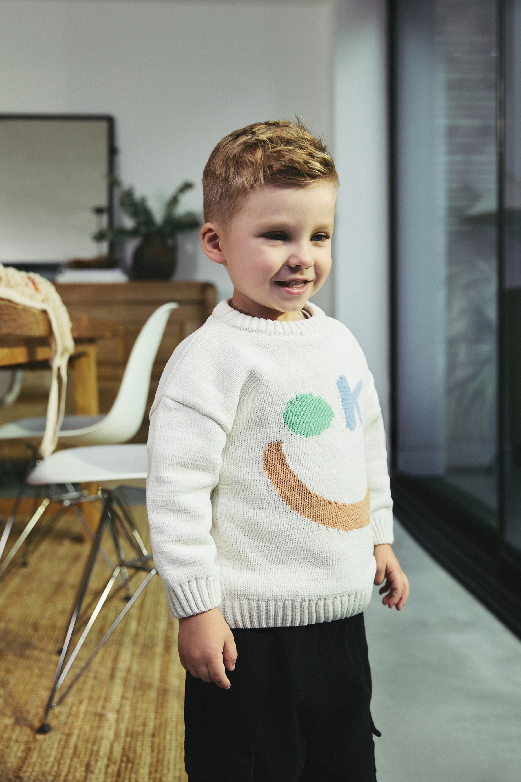 Ecru OK Smile Knitted Crew Neck Jumper (3mths-7yrs)