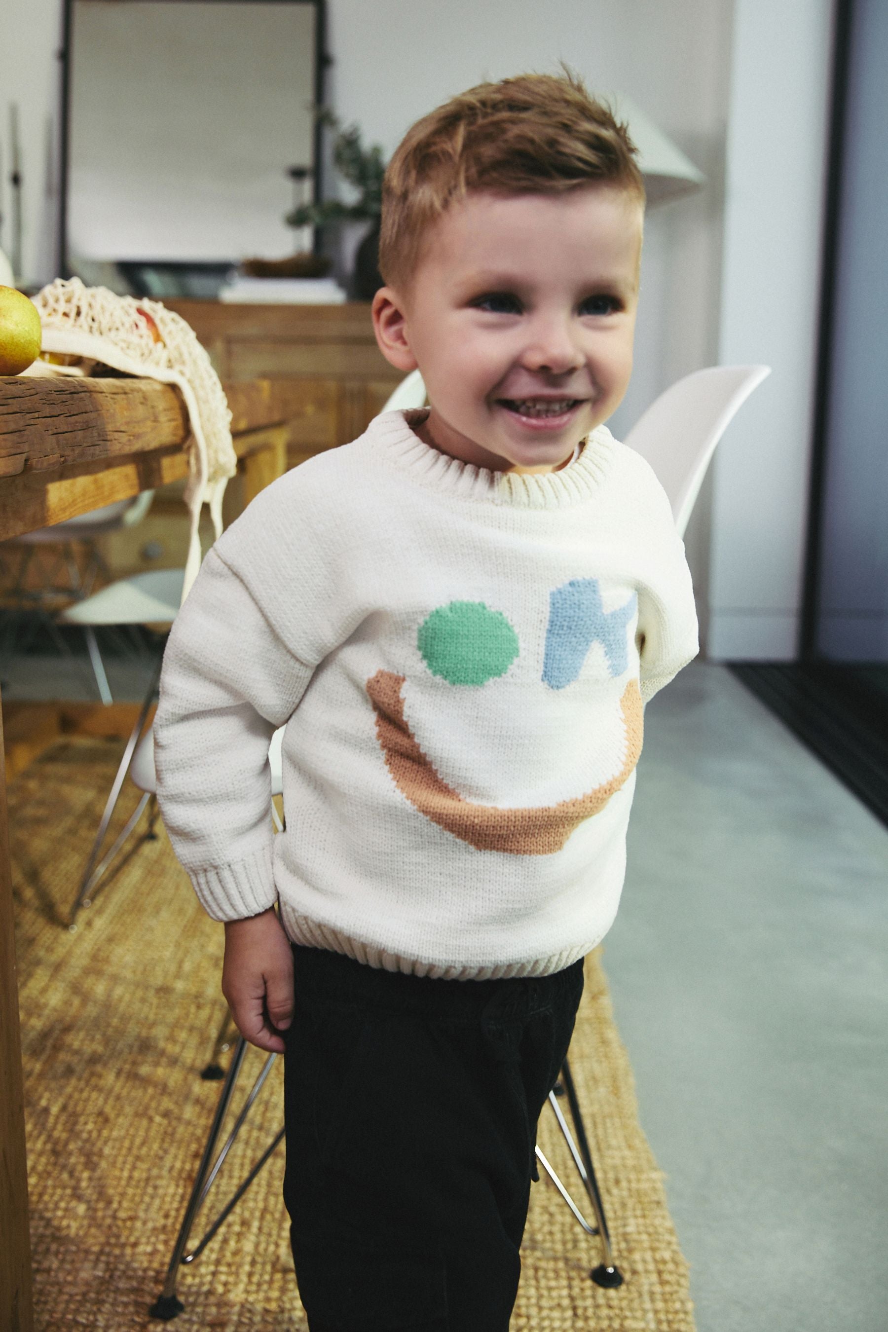 Ecru OK Smile Knitted Crew Neck Jumper (3mths-7yrs)