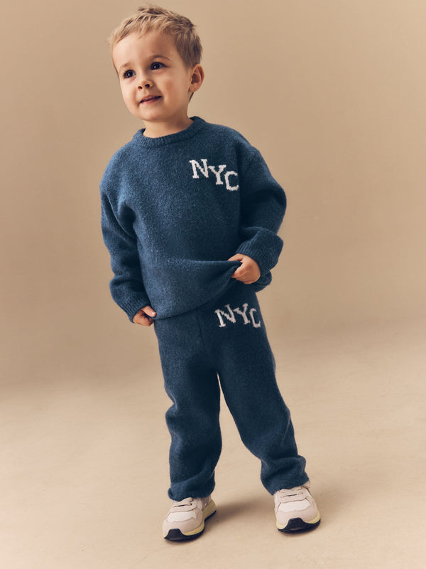 Navy Blue Knitted NYC Varsity Jumper and Joggers Set (3mths-7yrs)